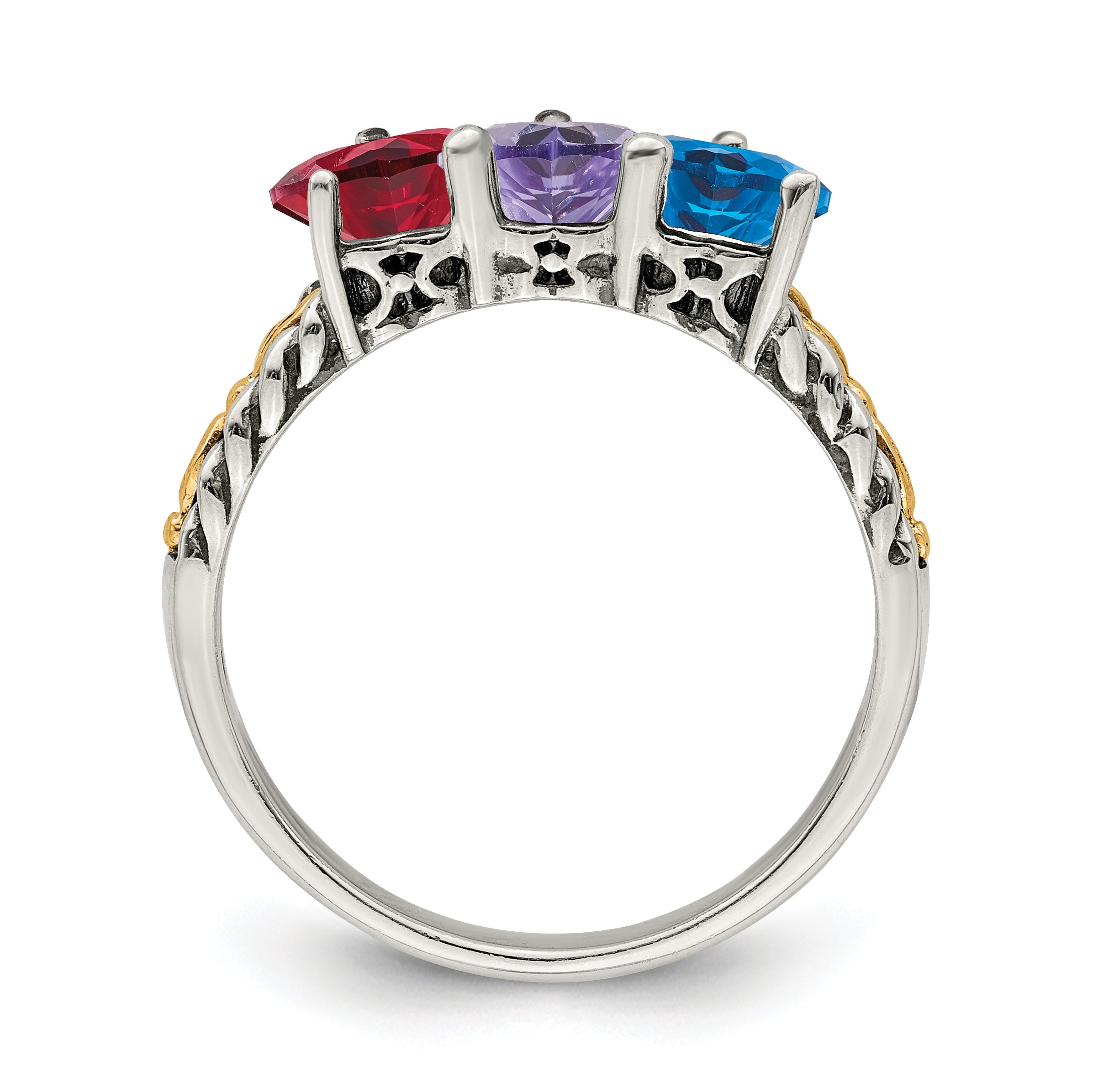 Sterling Silver Antiqued w/14k 3-stone Mother's Ring