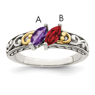 Sterling Silver Antiqued w/14k 2-stone Mother's Ring Mounting