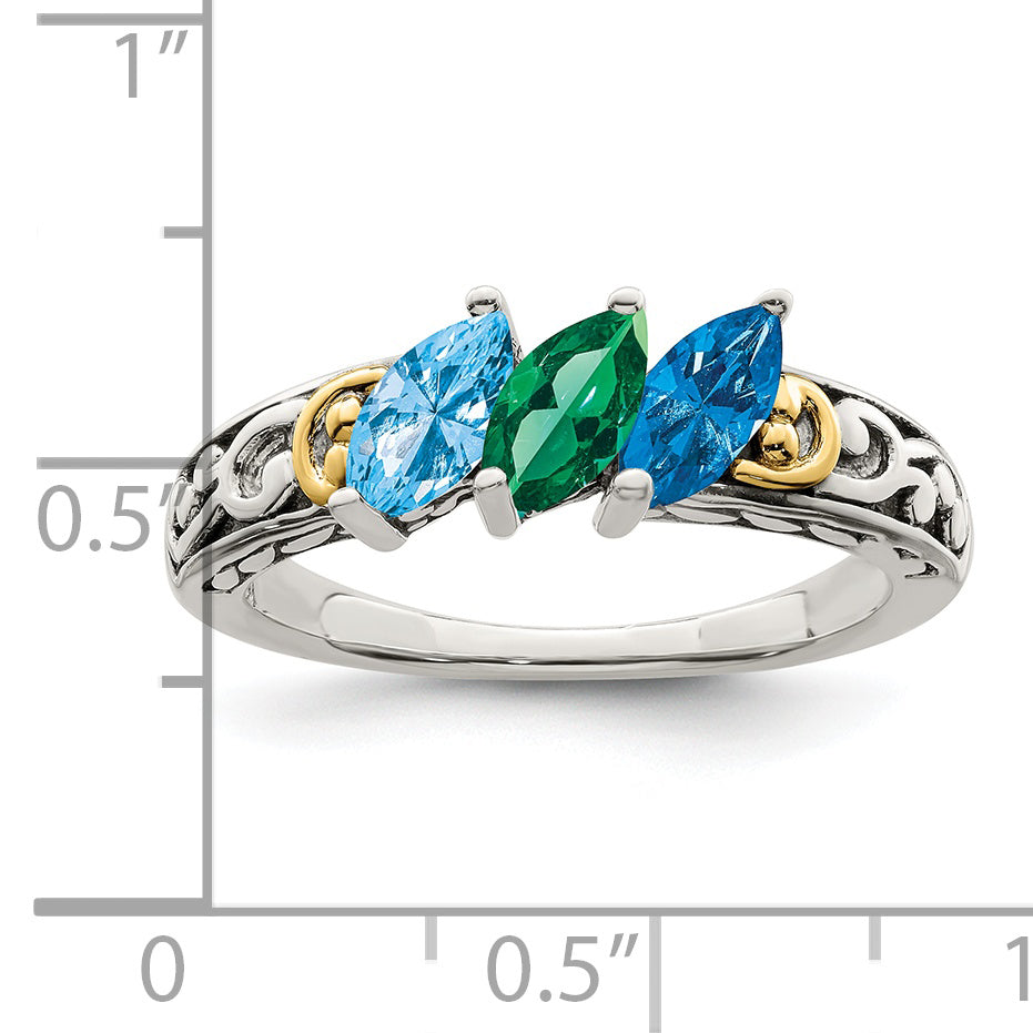 Sterling Silver Antiqued w/14k 3-stone Mother's Ring