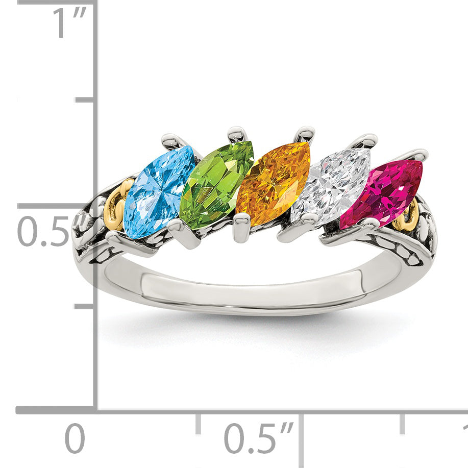 Sterling Silver Antiqued w/14k 5-stone Mother's Ring