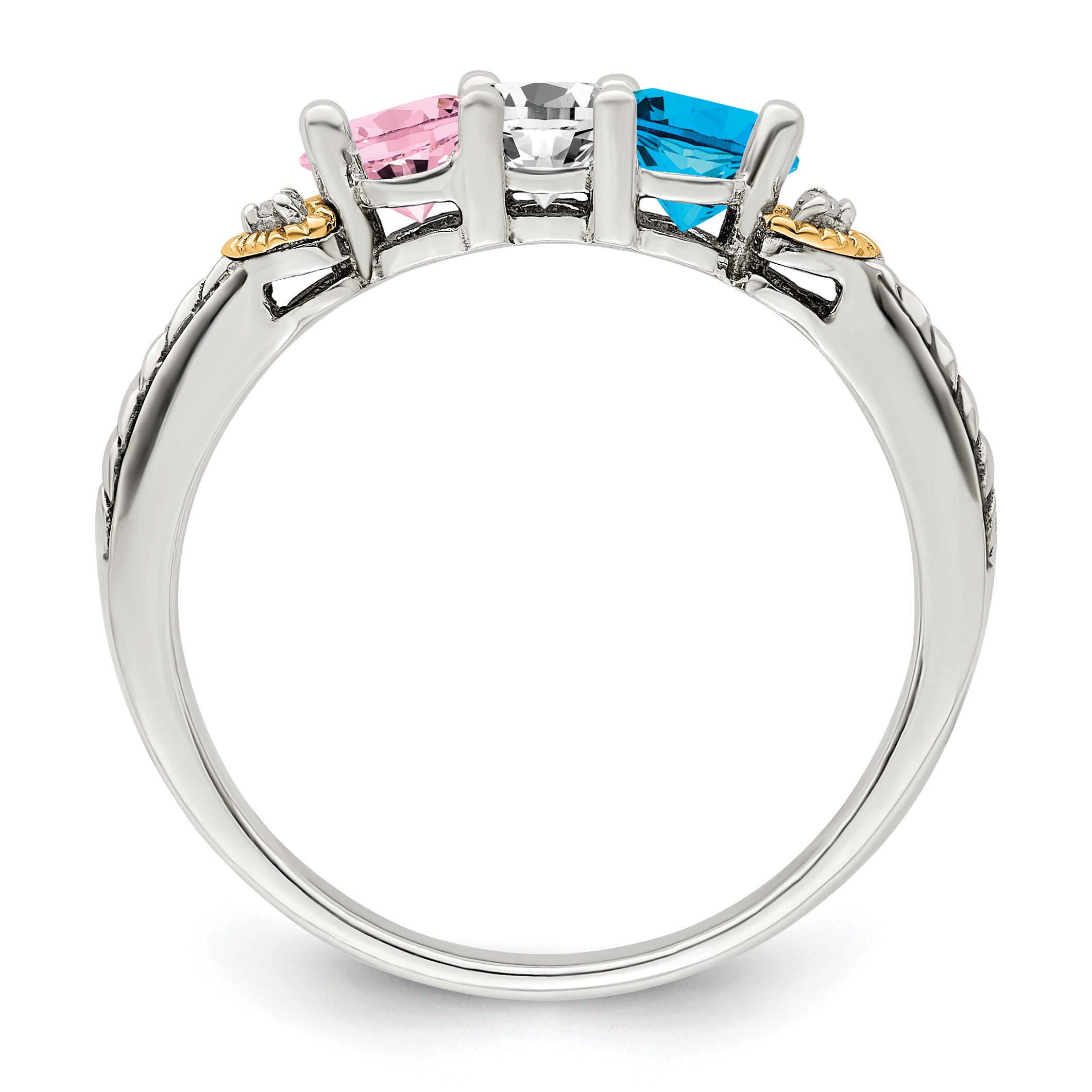 Sterling Silver Antiqued w/14k 3-stone w/Diamond Mother's Semi-Mount Ring