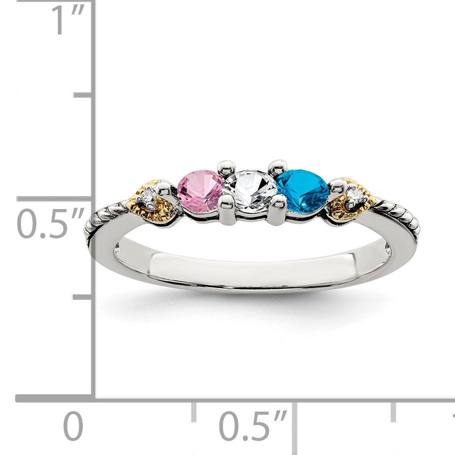 Sterling Silver Antiqued w/14k 3-stone w/Diamond Mother's Ring