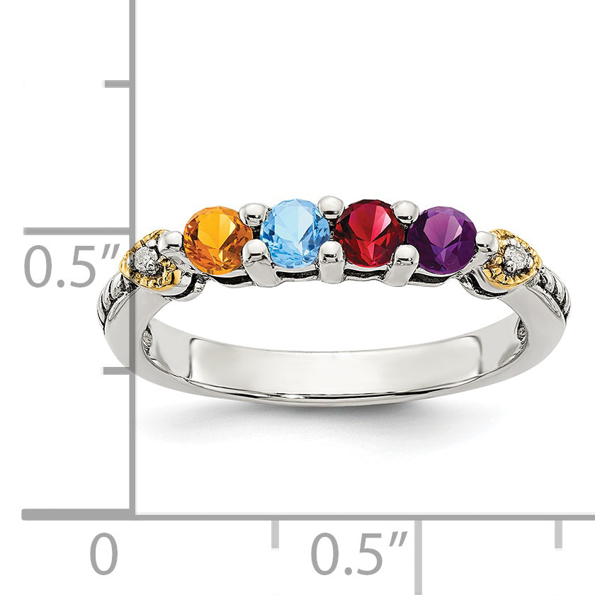 Sterling Silver Antiqued w/14k 4-stone w/Diamond Mother's Semi-Mount Ring