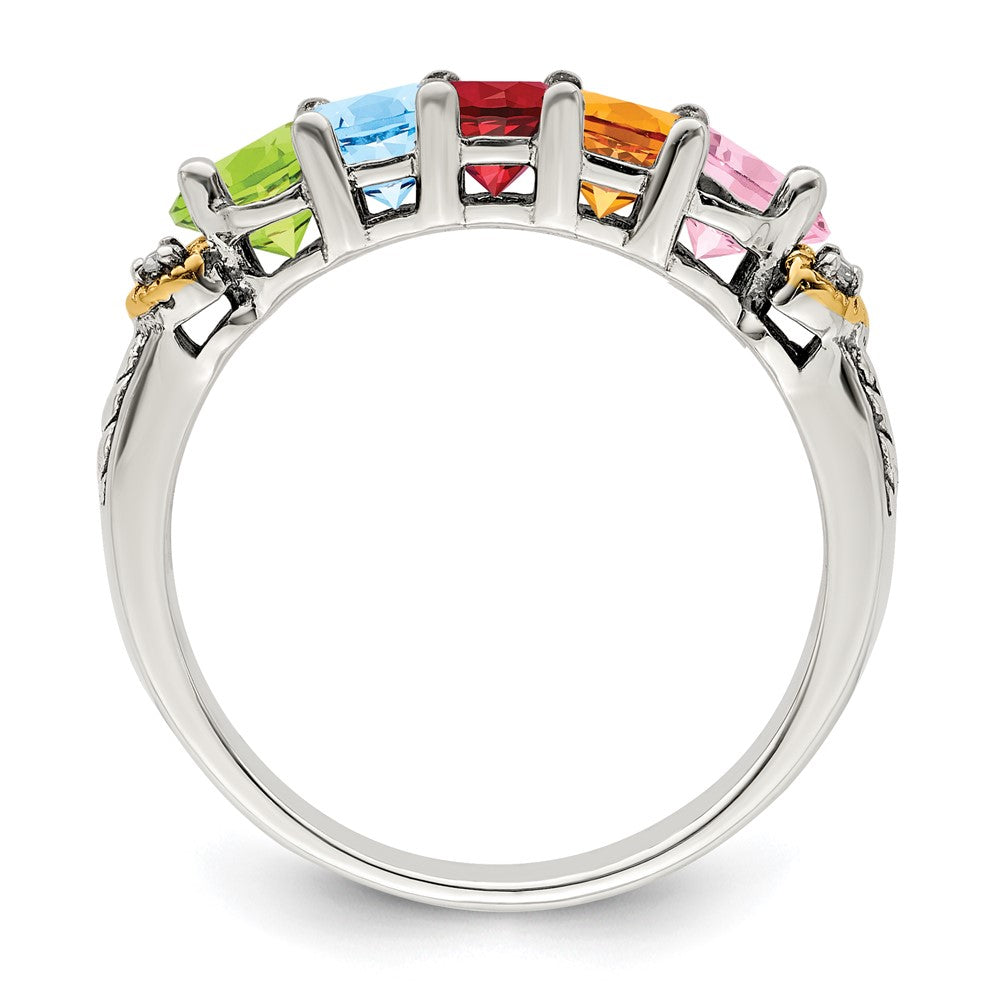 Sterling Silver Antiqued w/14k 5-stone w/Diamond Mother's Ring