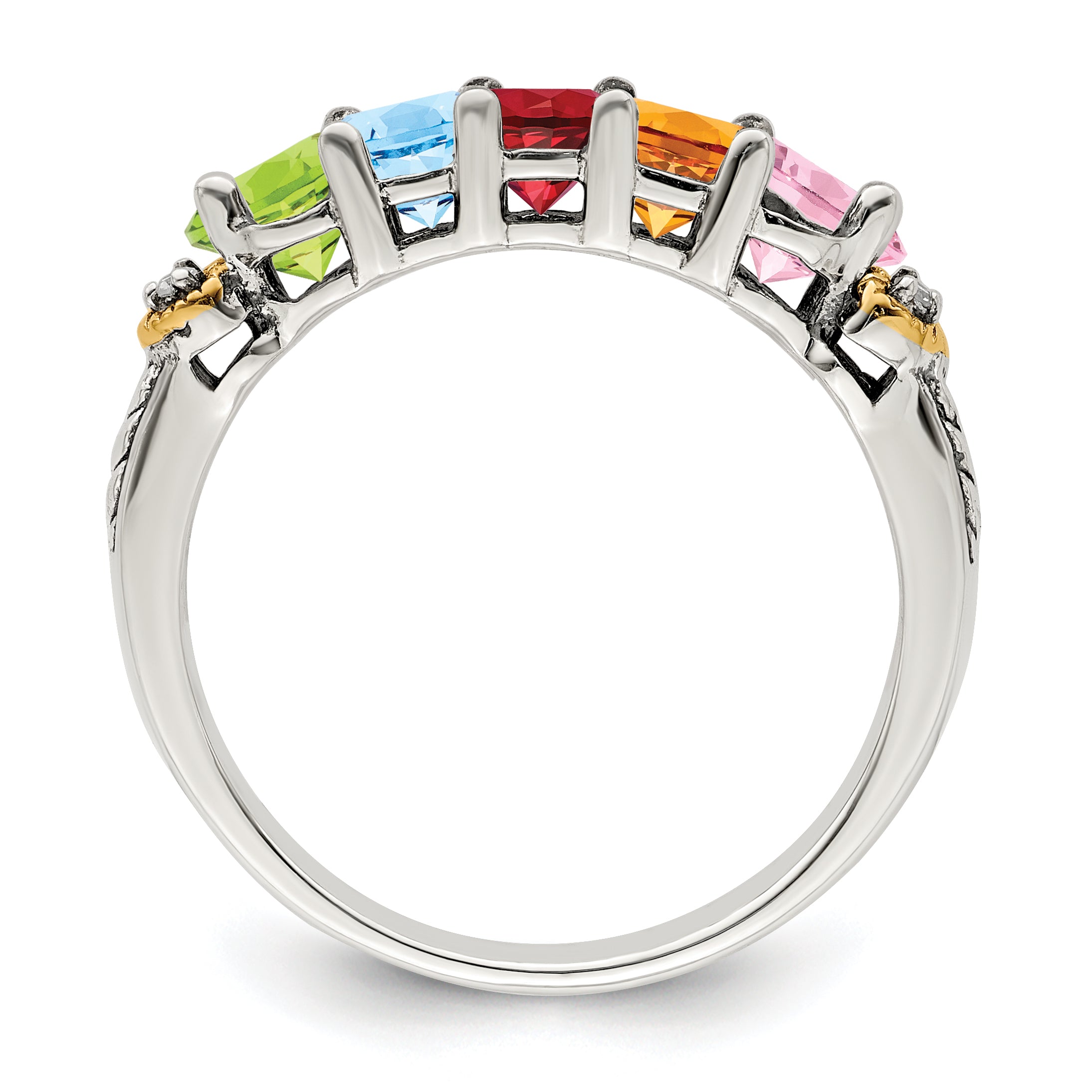 Sterling Silver Antiqued w/14k 5-stone w/Diamond Mother's Ring