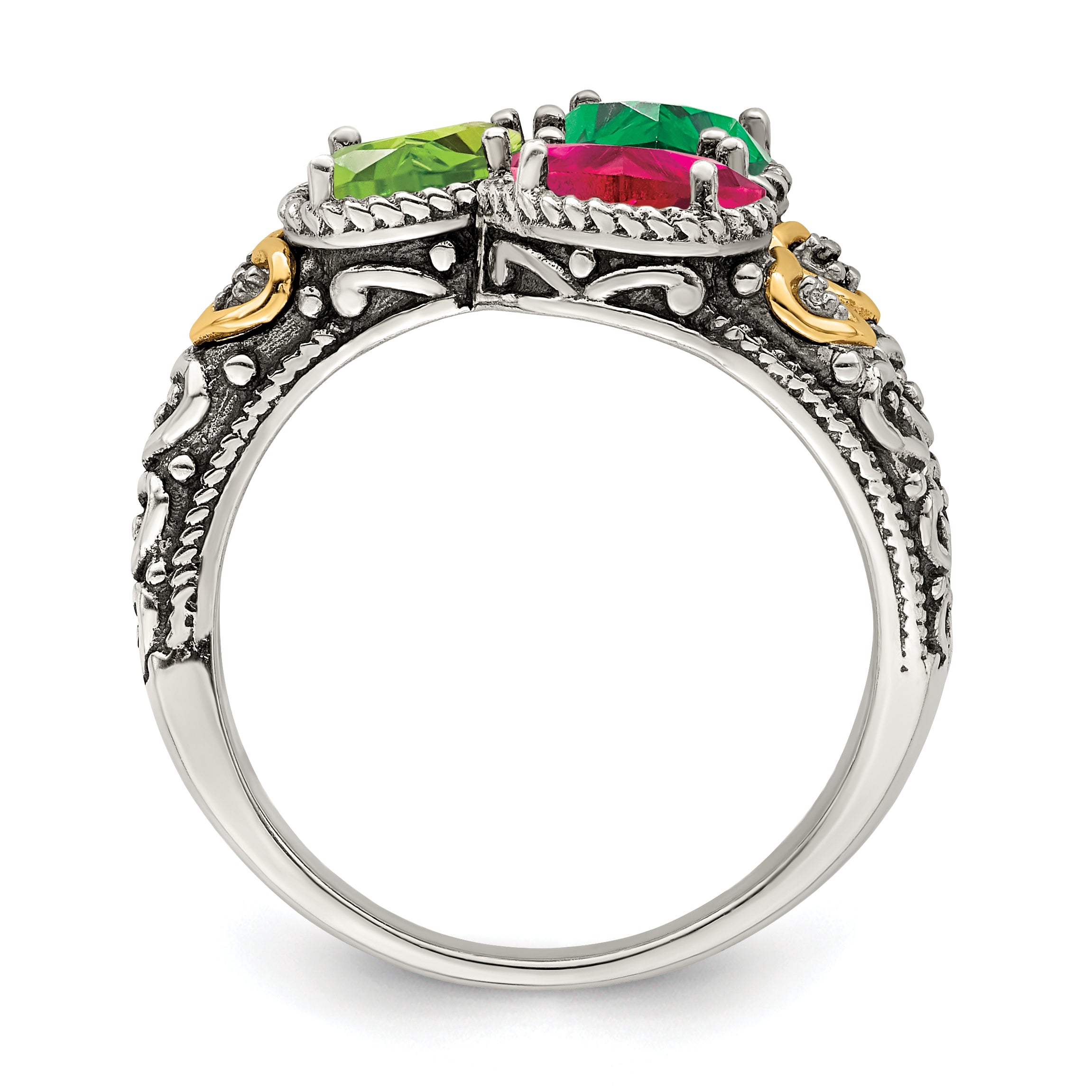 Sterling Silver Antiqued w/14k 3-stone w/Diamond Mother's Ring Semi-Mount