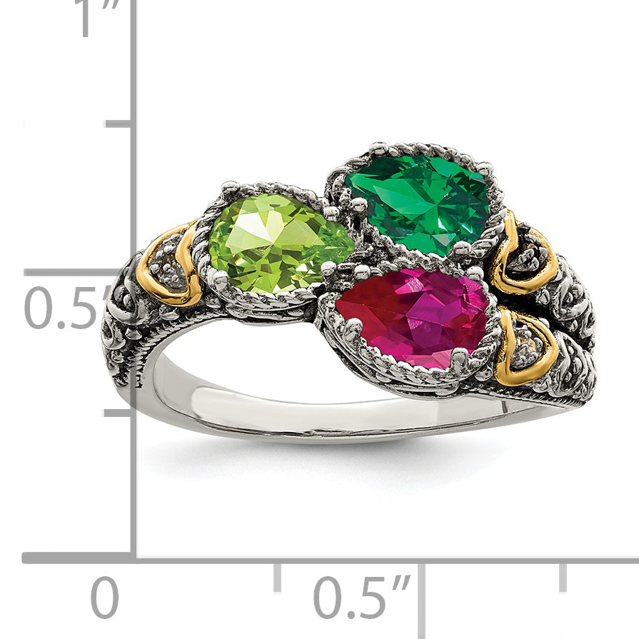 Sterling Silver Antiqued w/14k 3-stone w/Diamond Mother's Ring Semi-Mount