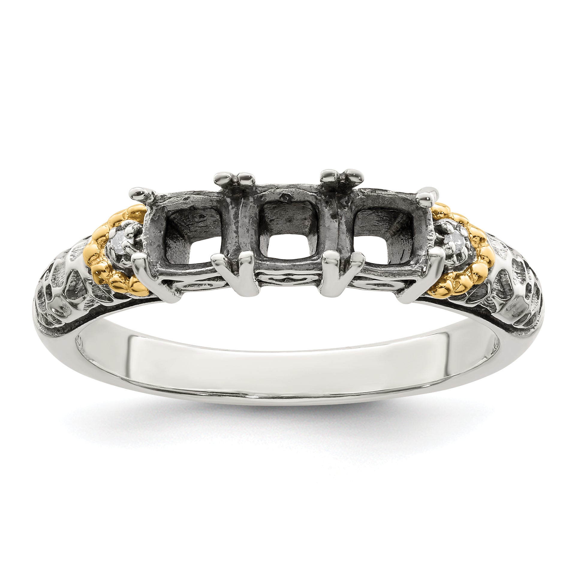 Sterling Silver Antiqued w/14k 3-stone w/Diamond Mother's Ring Semi-Mount