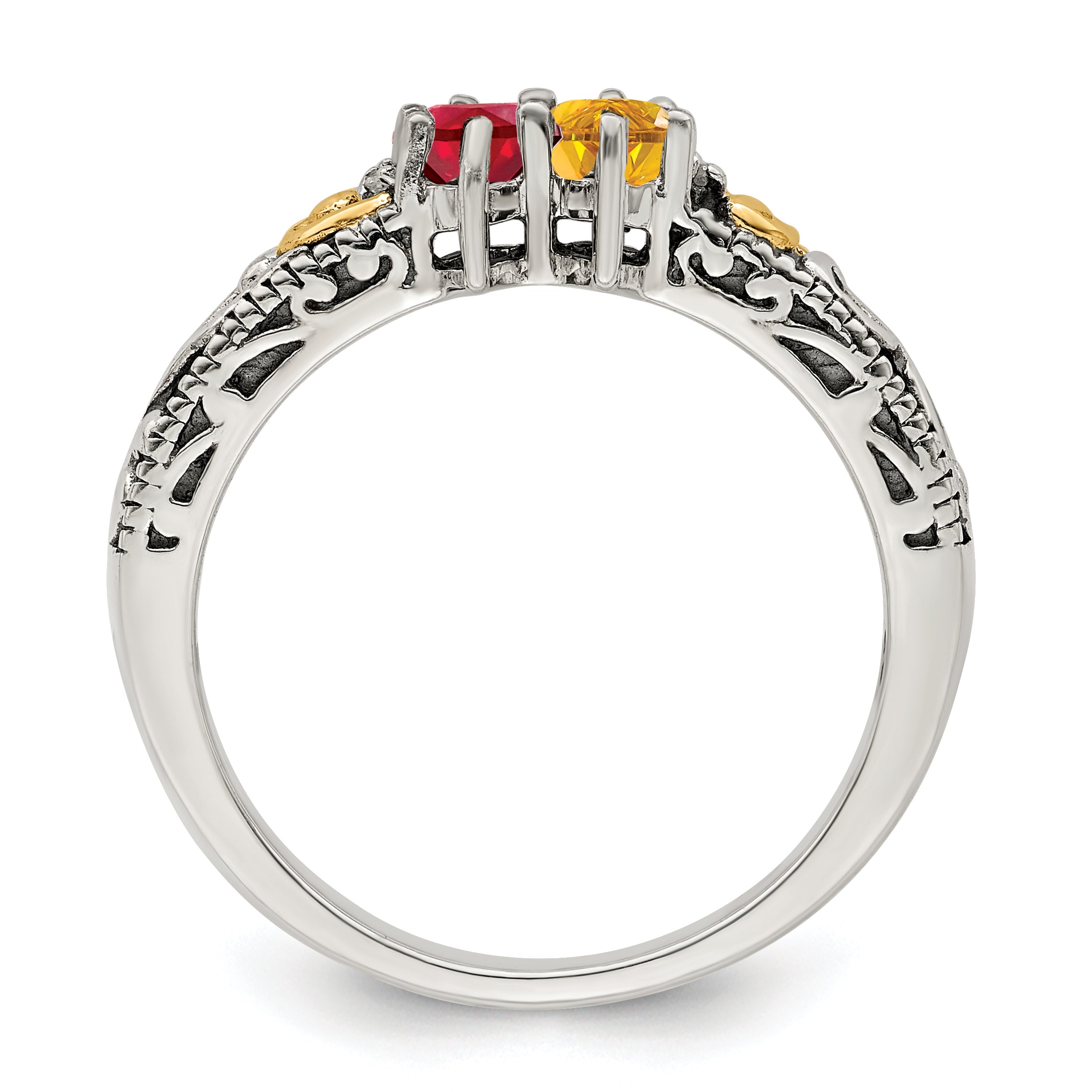 Sterling Silver Antiqued w/14k 2-stone w/Diamond Mother's Ring