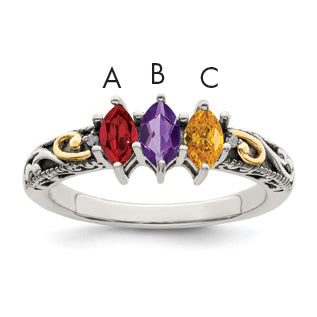 Sterling Silver Antiqued w/14k 3-stone w/Diamond Mother's Ring