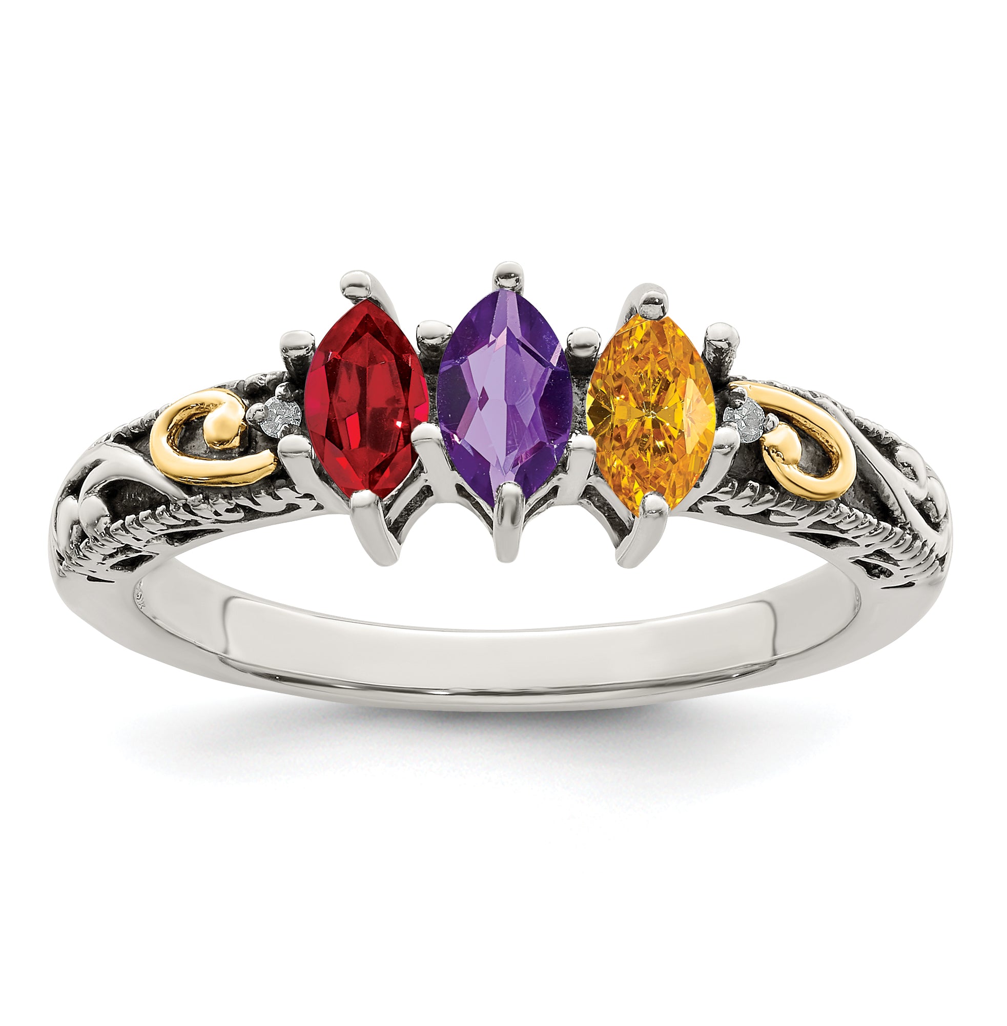 Sterling Silver Antiqued w/14k 3-stone w/Diamond Mother's Ring