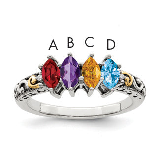 Sterling Silver Antiqued w/14k 4-stone w/Diamond Mother's Ring Semi-Mount