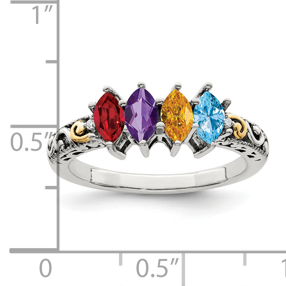 Sterling Silver Antiqued w/14k 4-stone w/Diamond Mother's Ring Semi-Mount