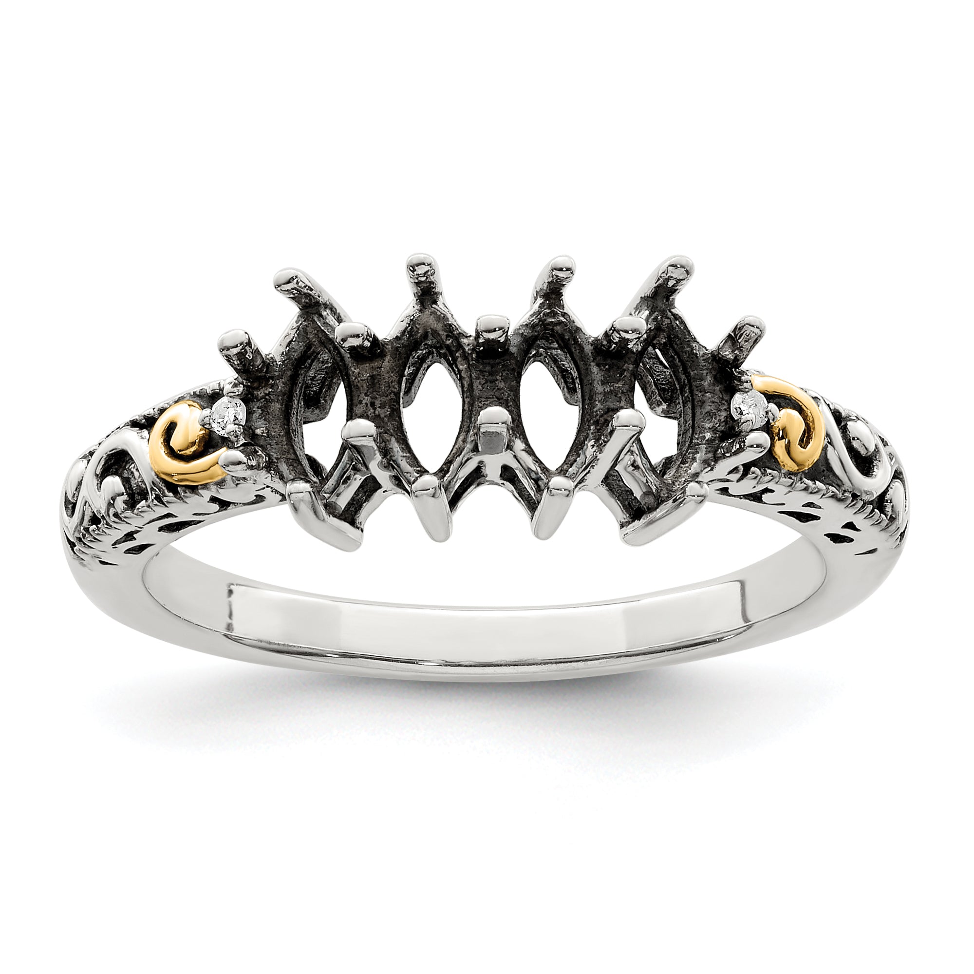 Sterling Silver Antiqued w/14k 4-stone w/Diamond Mother's Ring