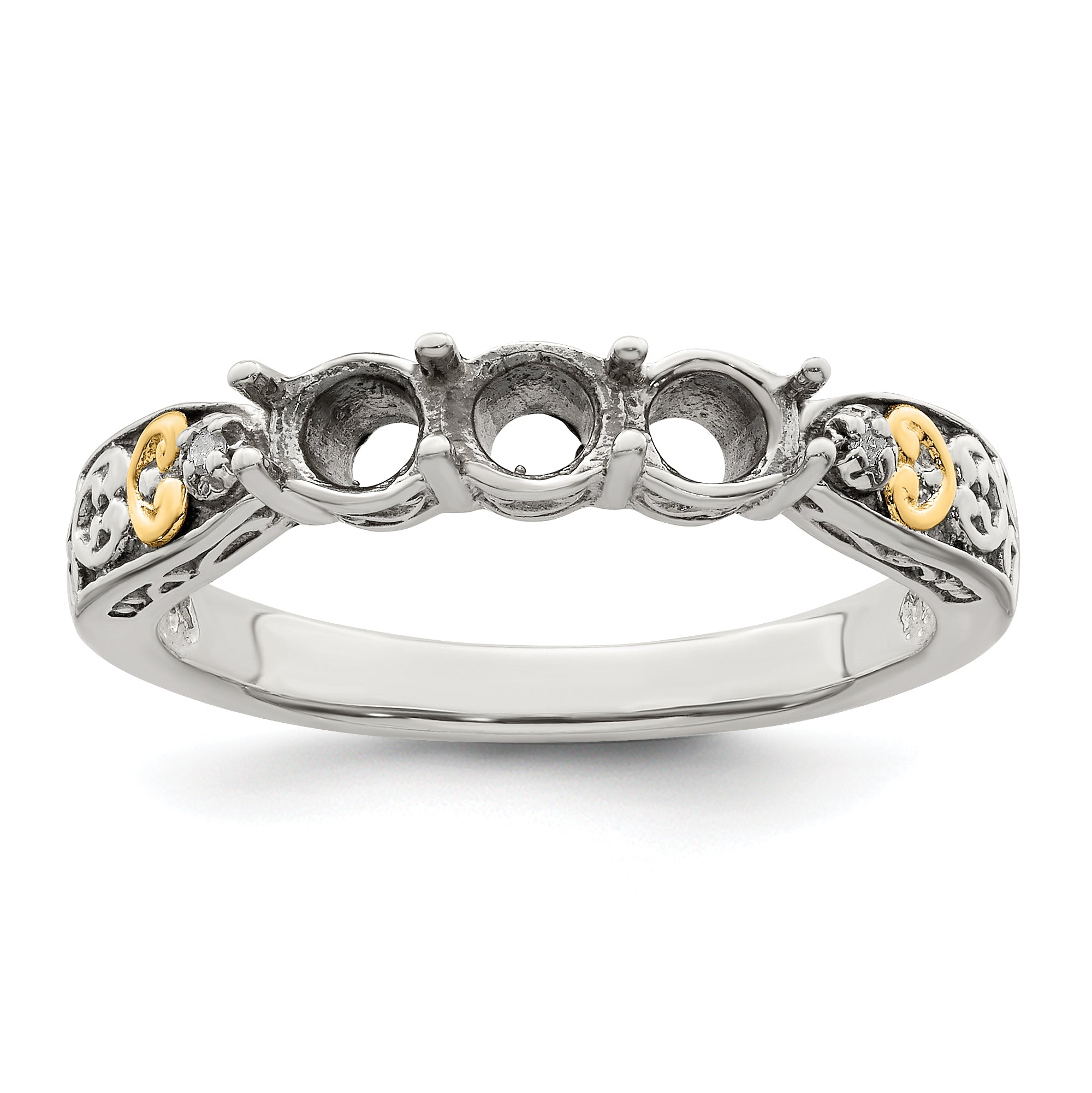 Sterling Silver Antiqued w/14k 3-stone w/Diamond Mother's Ring