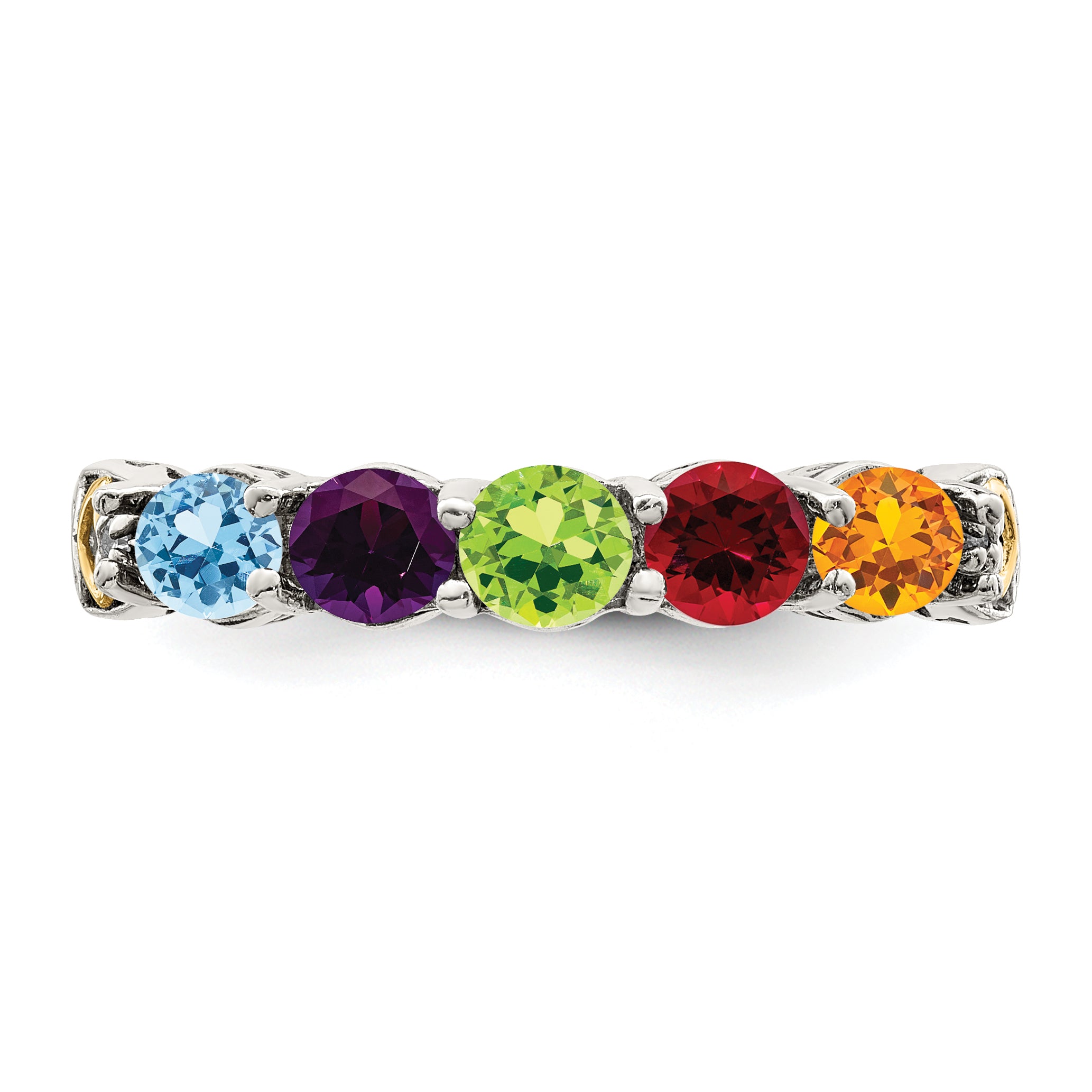 Sterling Silver Antiqued w/14k 5-stone w/Diamond Mother's Ring