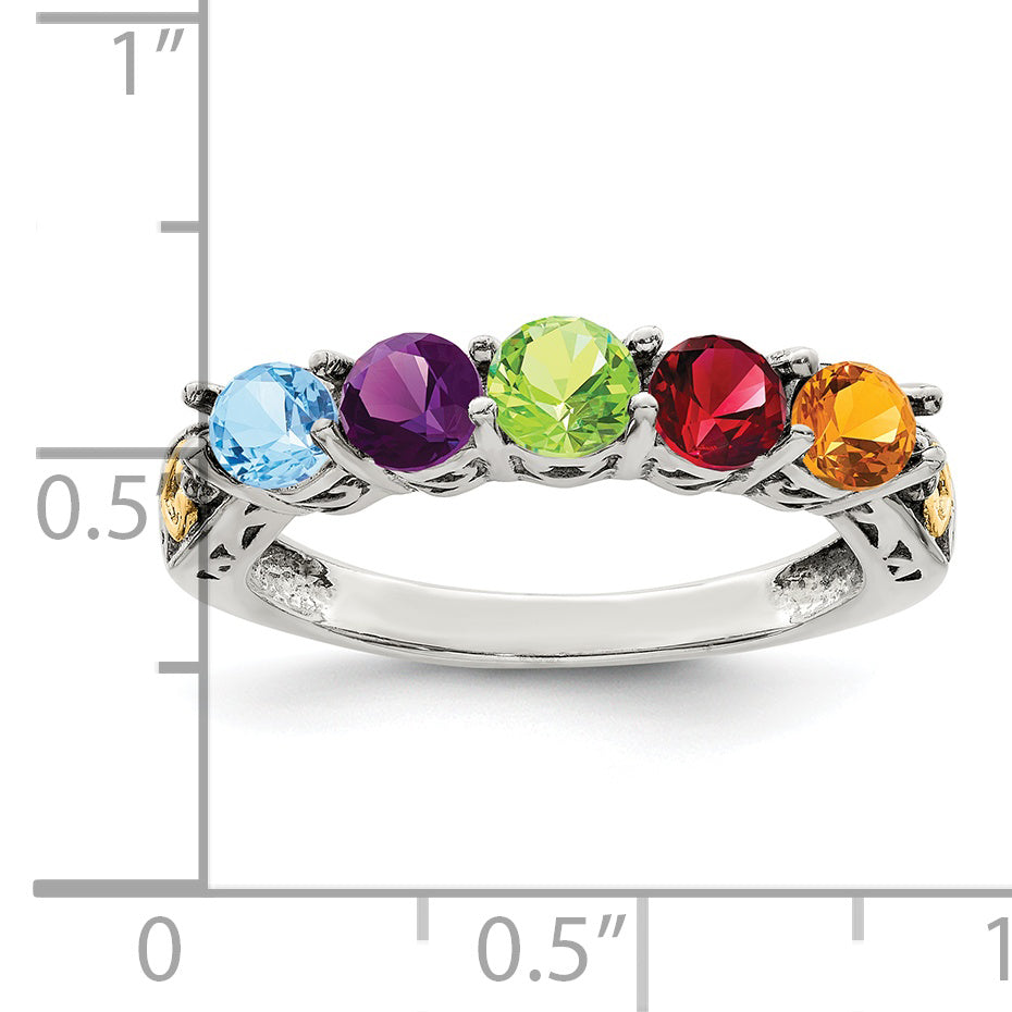 Sterling Silver Antiqued w/14k 5-stone w/Diamond Mother's Ring Semi-Mount