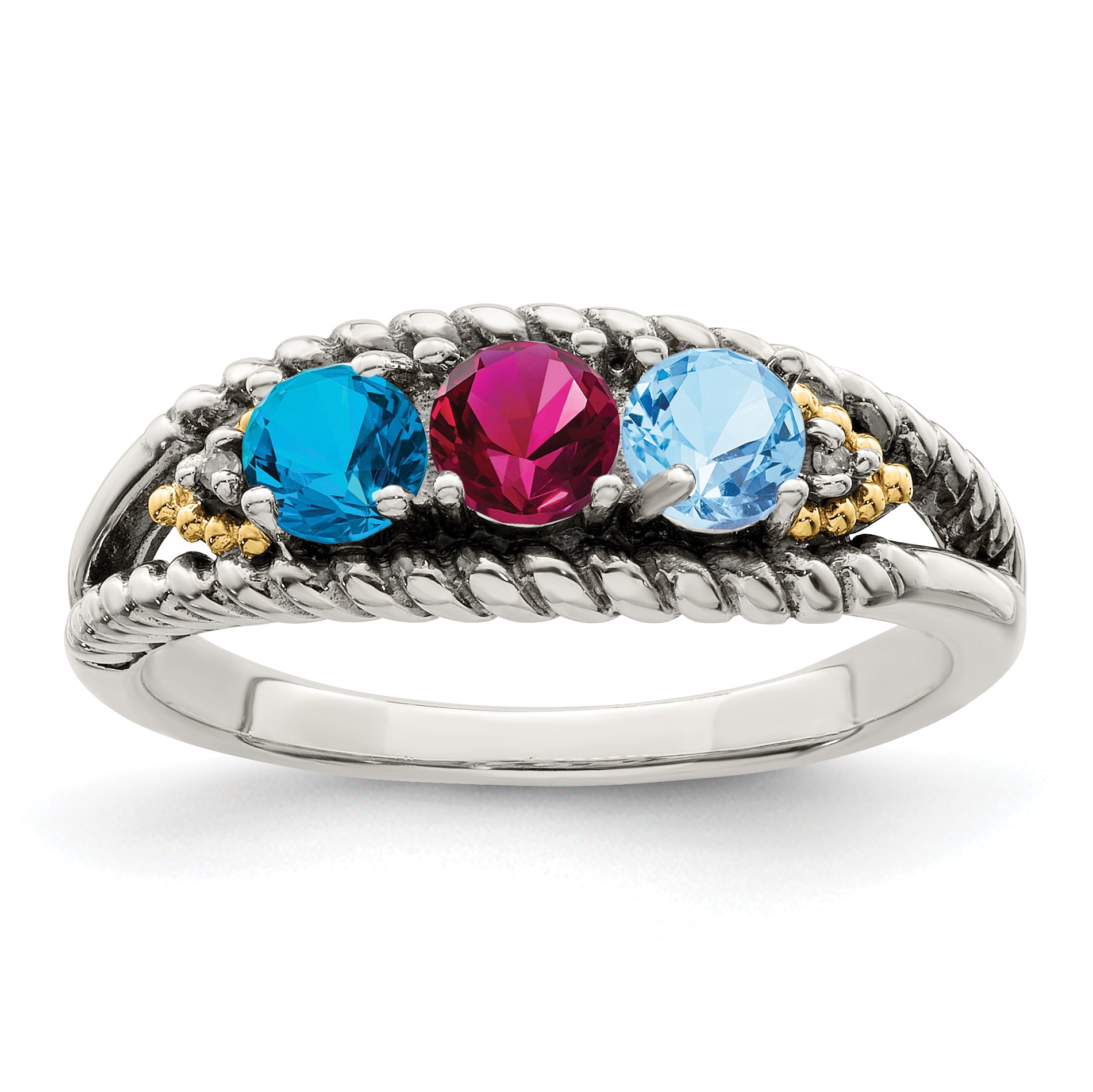 Sterling Silver Antiqued w/14k 3-stone w/Diamond Mother's Ring