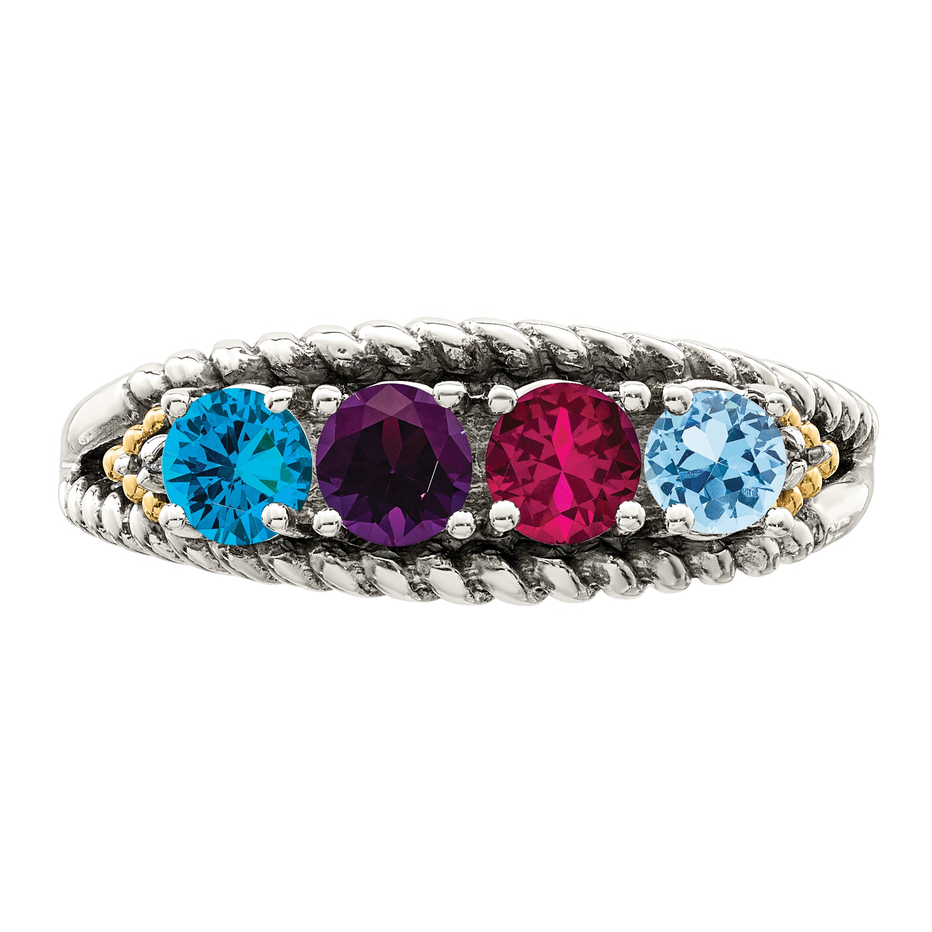 Sterling Silver Antiqued w/14k 4-stone w/Diamond Mother's Ring