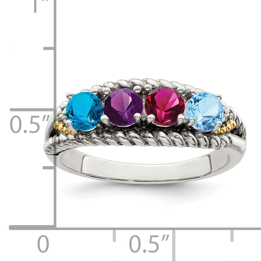 Sterling Silver Antiqued w/14k 4-stone w/Diamond Mother's Ring Semi-Mount