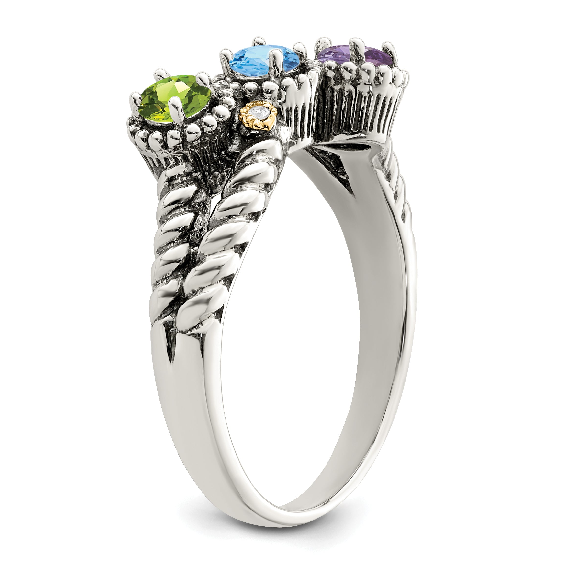 Sterling Silver Antiqued w/14k 3-stone w/Diamond Mother's Ring