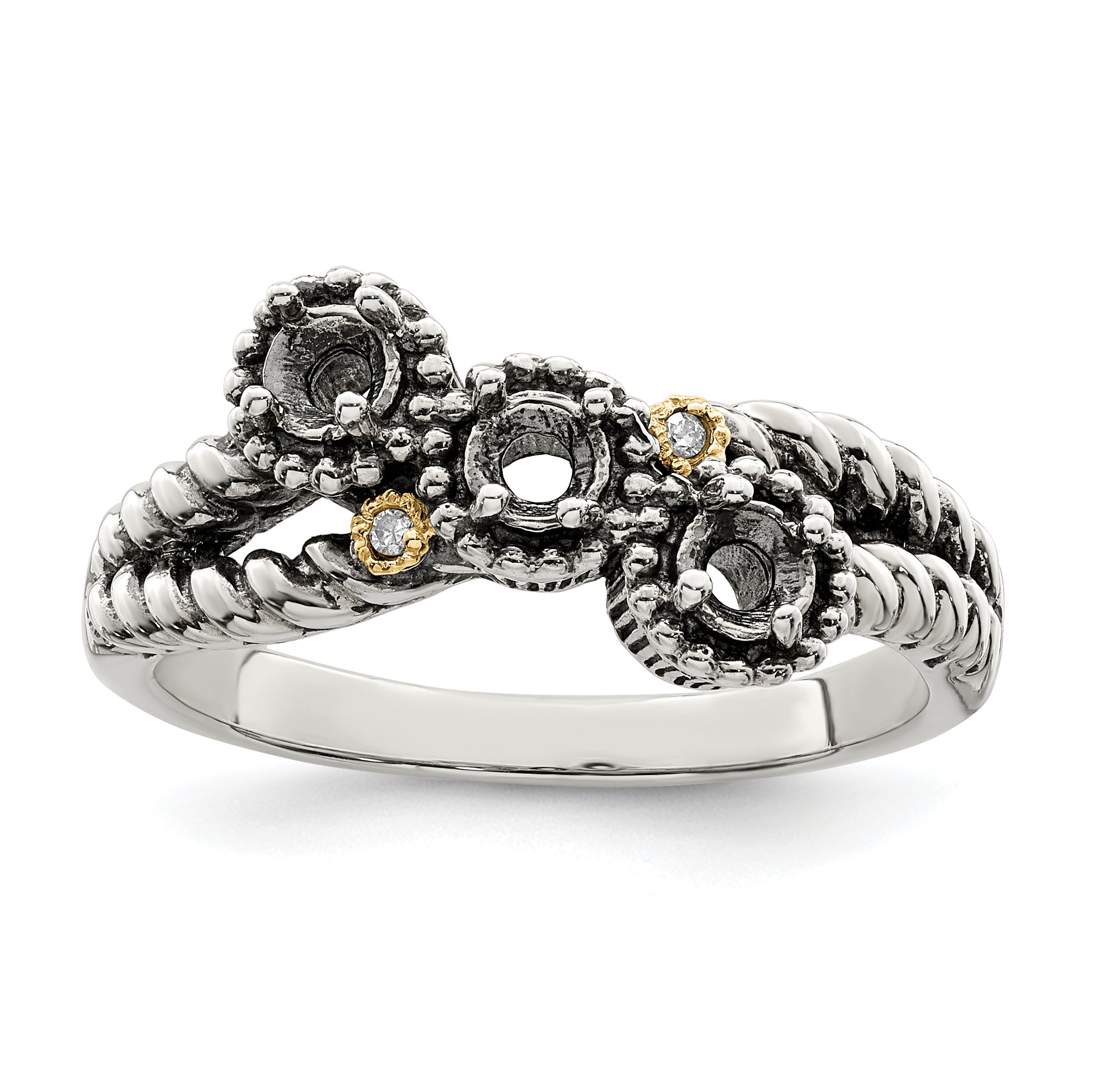 Sterling Silver Antiqued w/14k 3-stone w/Diamond Mother's Ring Semi-Mount