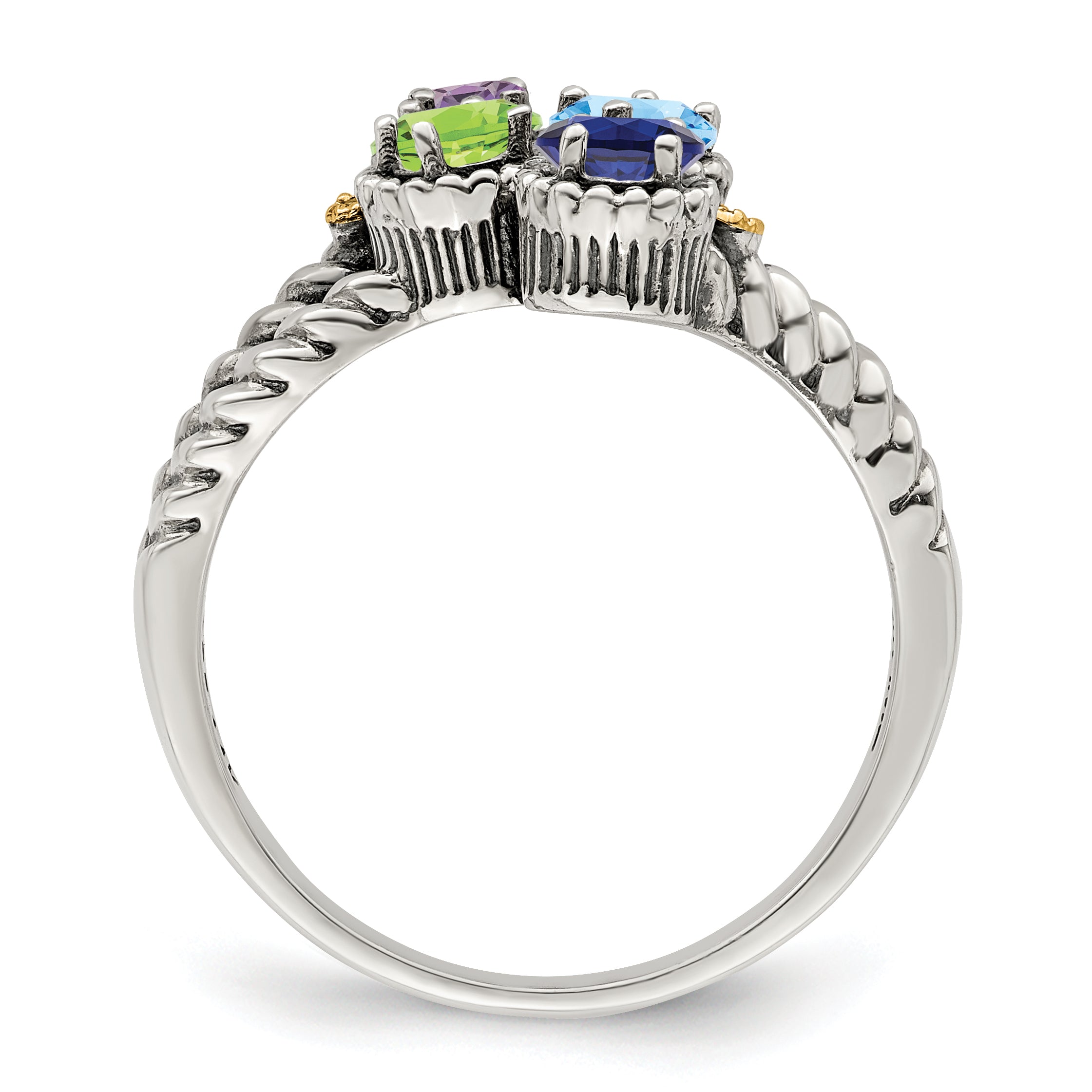 Sterling Silver Antiqued w/14k 4-stone w/Diamond Mother's Ring