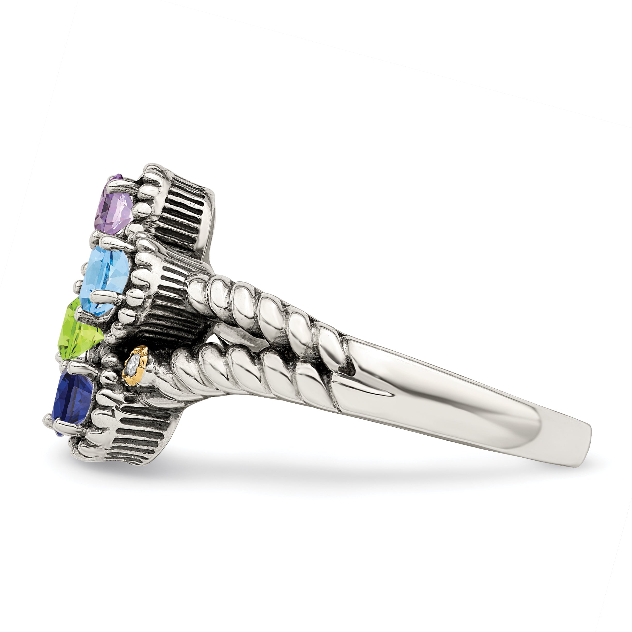 Sterling Silver Antiqued w/14k 4-stone w/Diamond Mother's Ring Semi-Mount