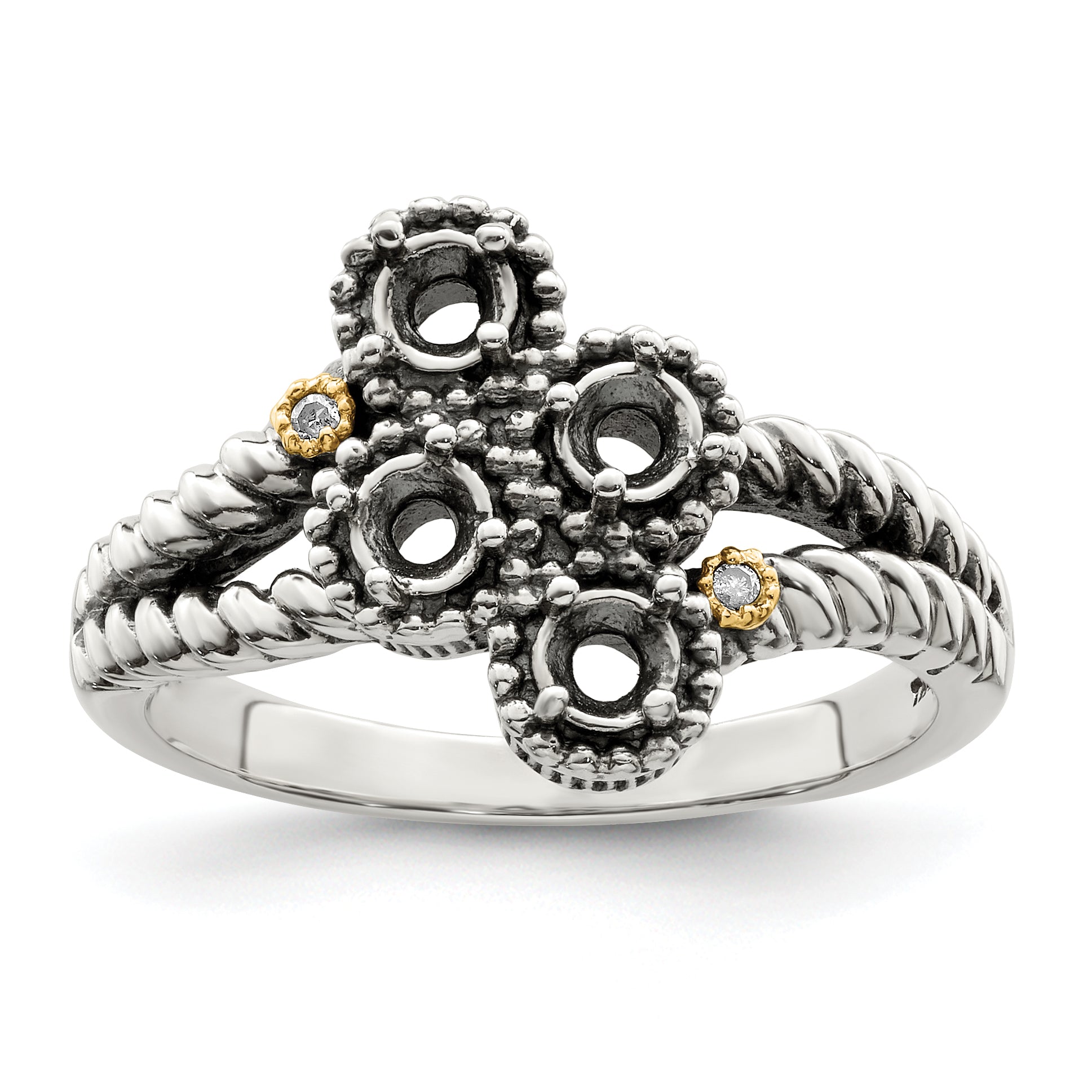 Sterling Silver Antiqued w/14k 4-stone w/Diamond Mother's Ring Semi-Mount