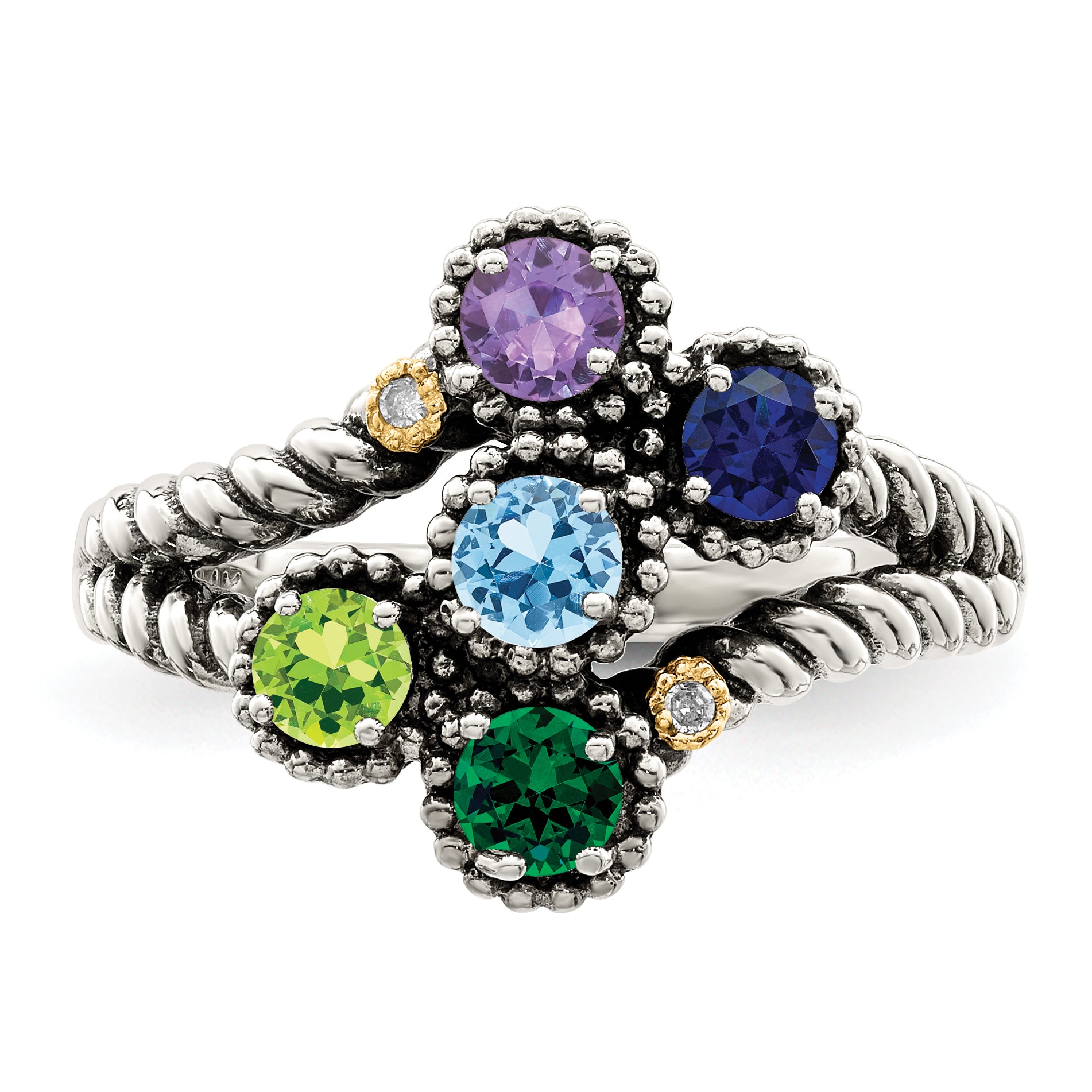 Sterling Silver Antiqued w/14k 5-stone w/Diamond Mother's Ring Semi-Mount