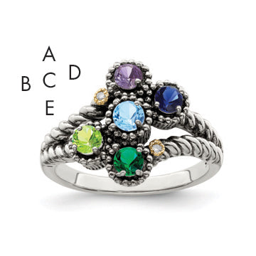 Sterling Silver Antiqued w/14k 5-stone w/Diamond Mother's Ring Semi-Mount