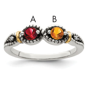 Sterling Silver Antiqued w/14k 2-stone w/Diamond Mother's Ring Semi-Mount