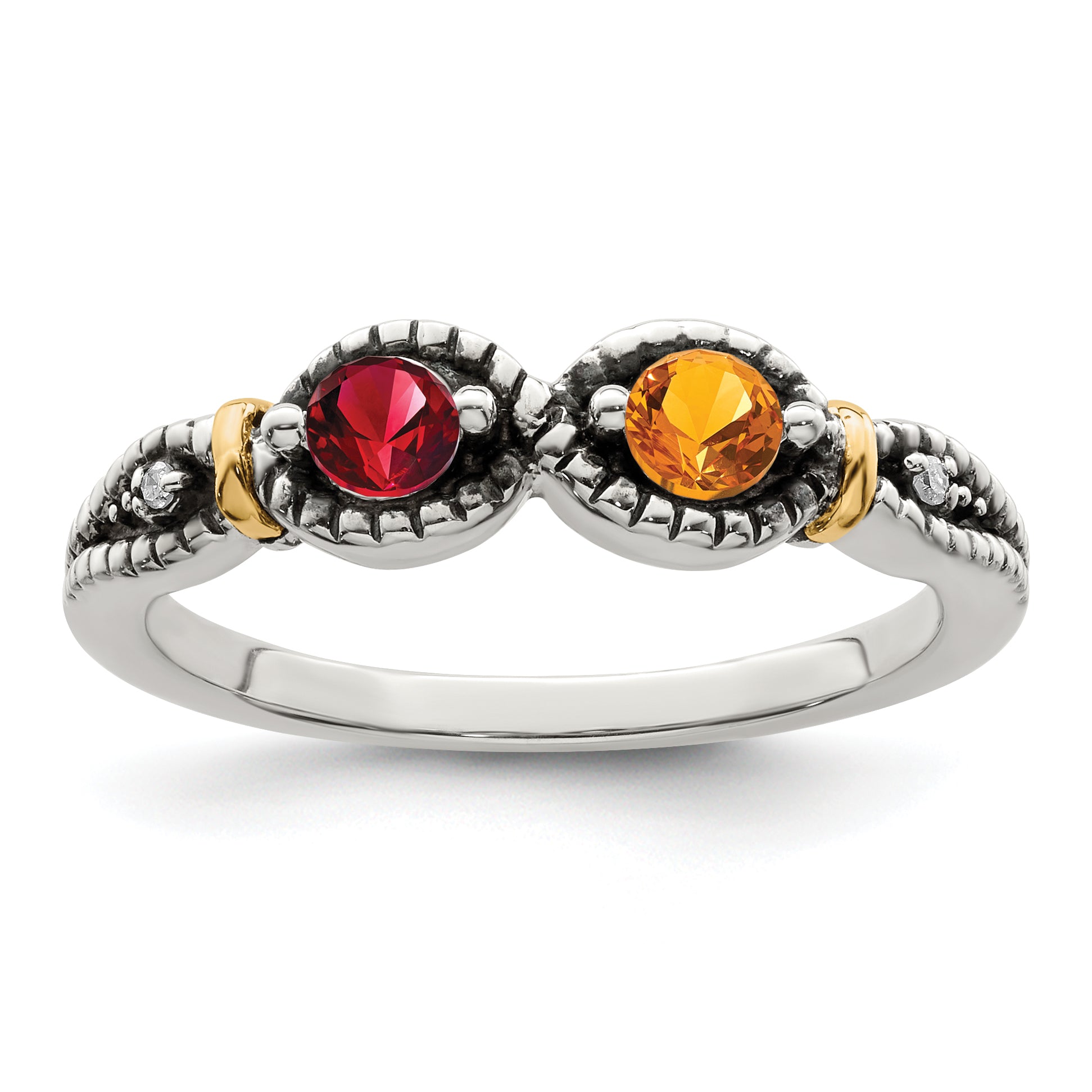 Sterling Silver Antiqued w/14k 2-stone w/Diamond Mother's Ring