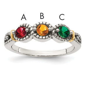 Sterling Silver Antiqued w/14k 3-stone w/Diamond Mother's Ring