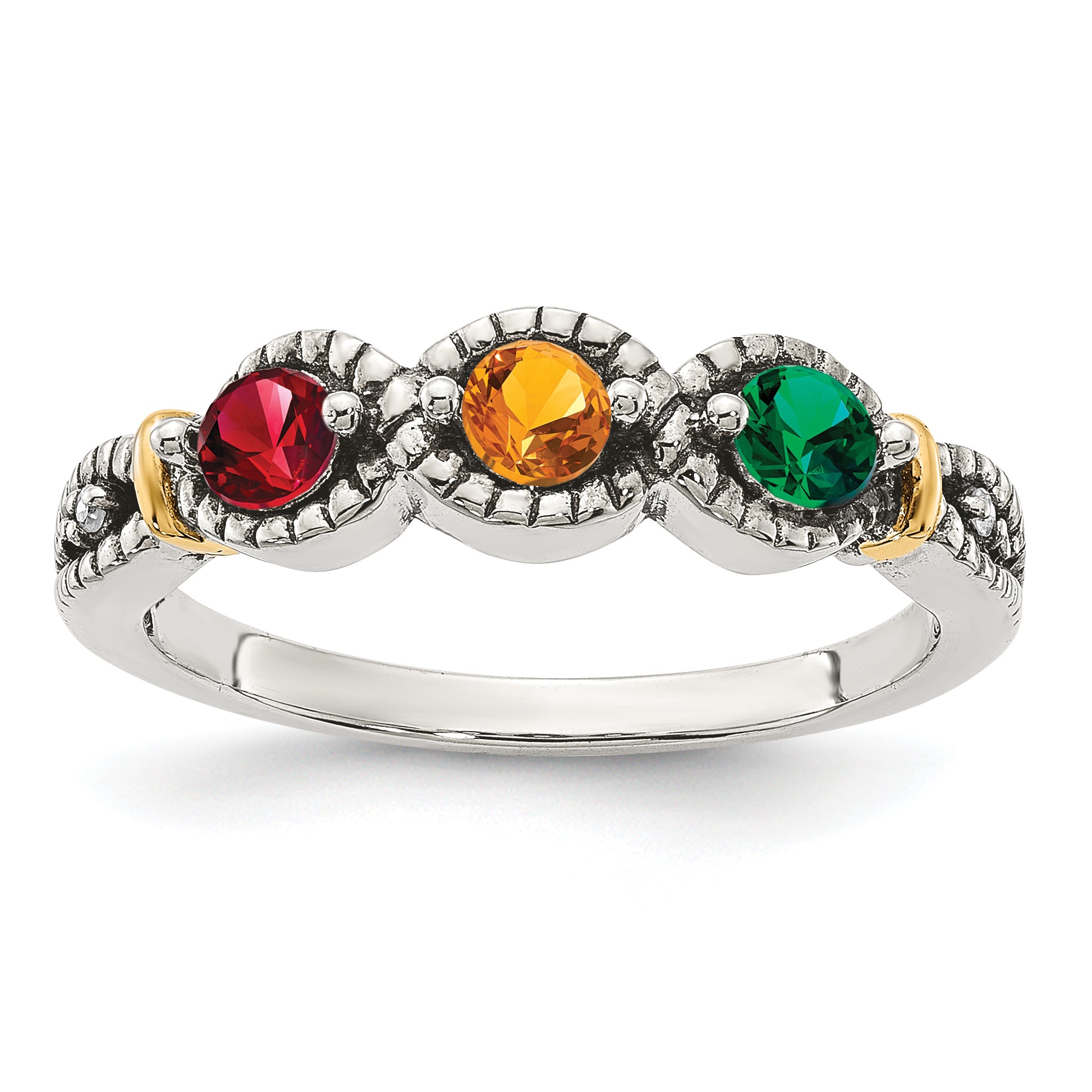 Sterling Silver Antiqued w/14k 3-stone w/Diamond Mother's Ring