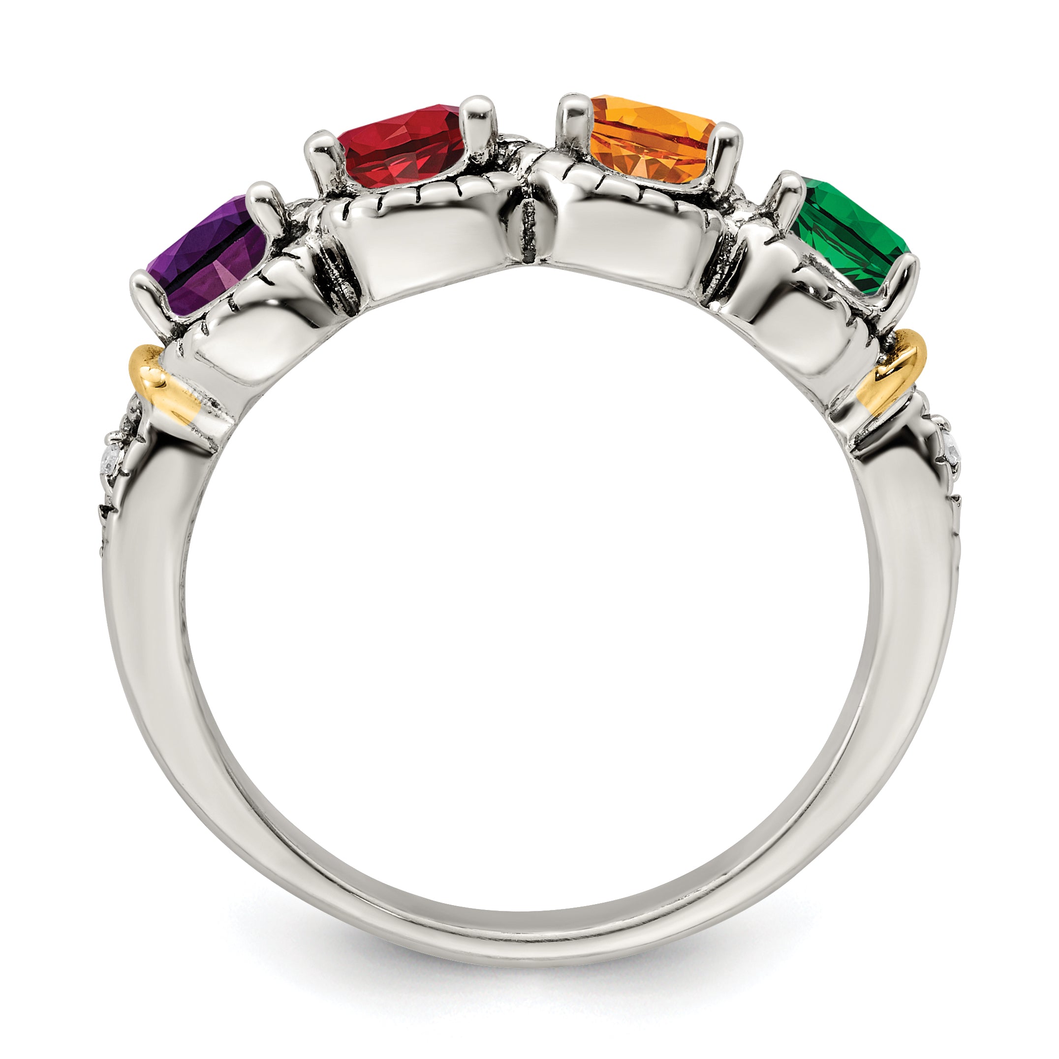 Sterling Silver Antiqued w/14k 4-stone w/Diamond Mother's Ring Semi-Mount