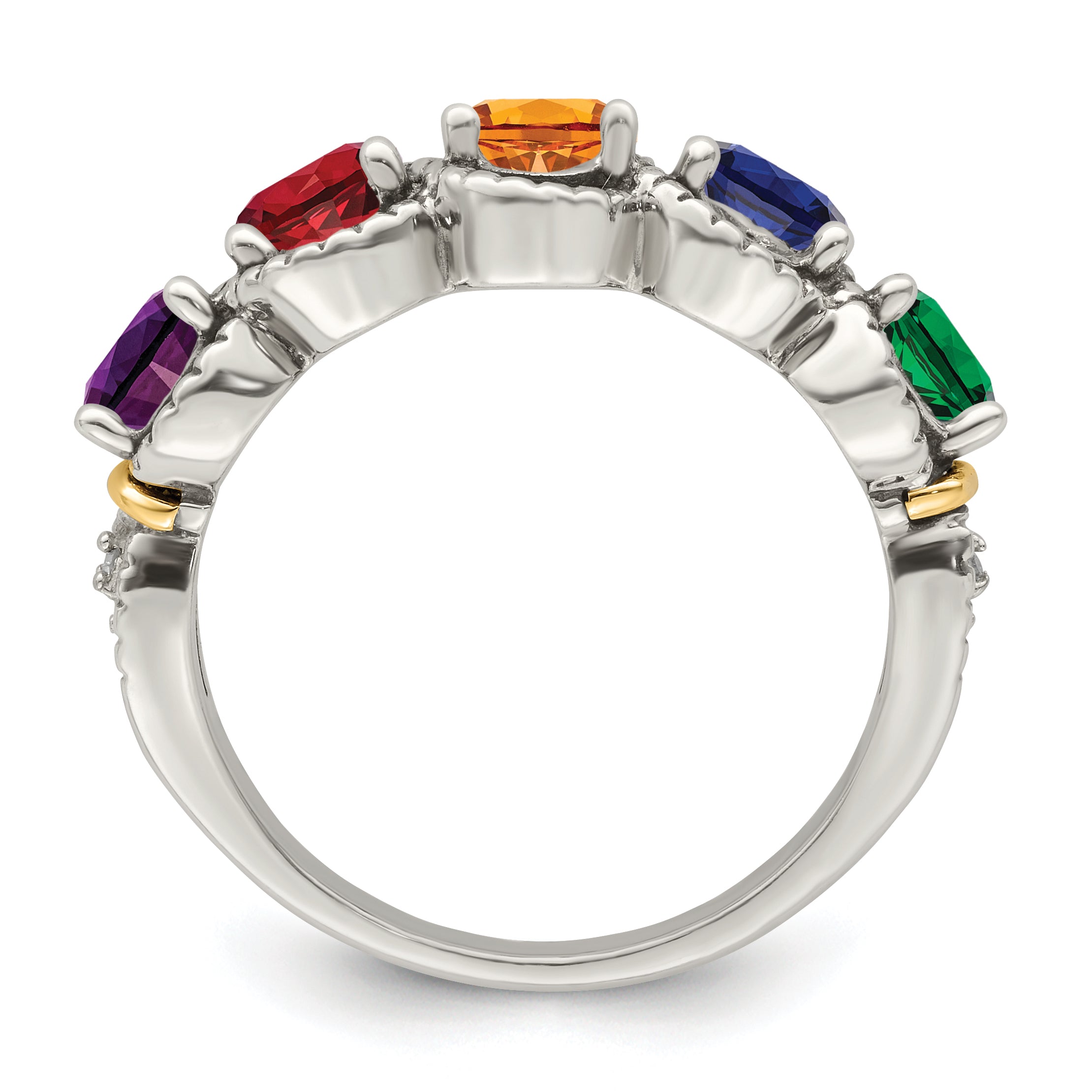 Sterling Silver Antiqued w/14k 5-stone w/Diamond Mother's Ring