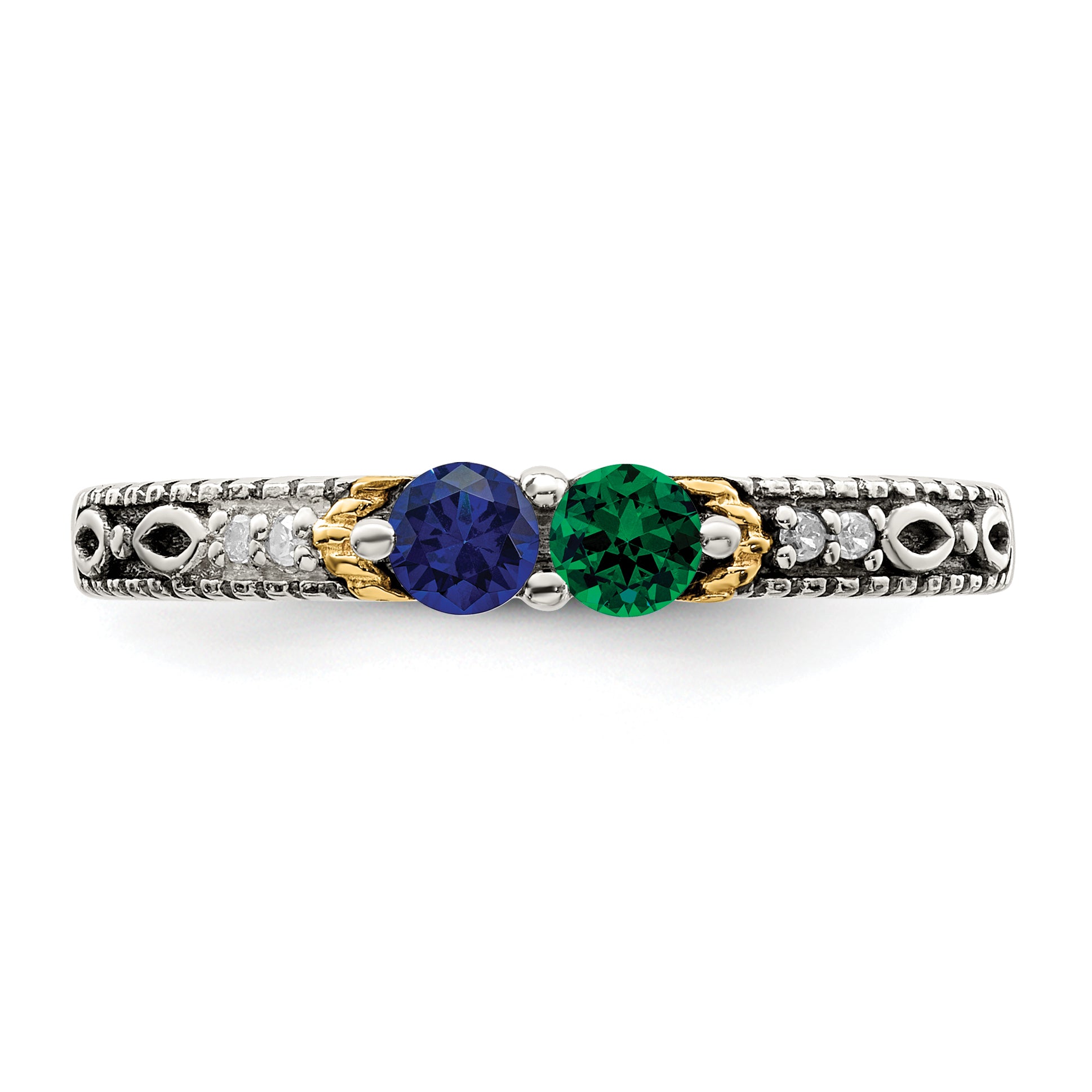 Sterling Silver Antiqued w/14k 2-stone w/Diamond Mother's Ring