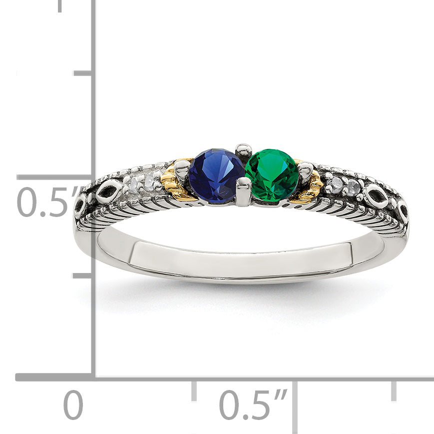 Sterling Silver Antiqued w/14k 2-stone w/Diamond Mother's Ring Semi-Mount