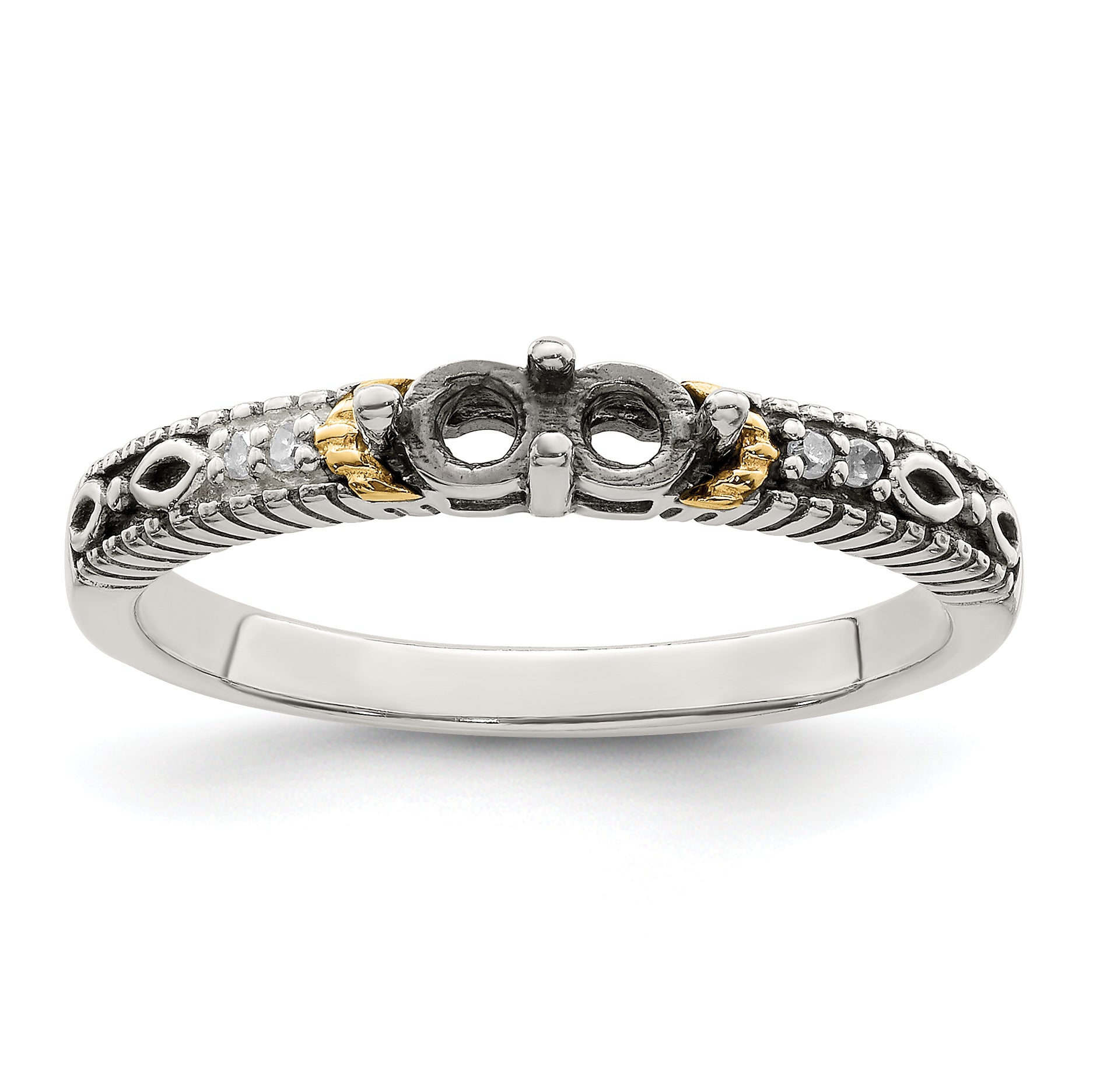 Sterling Silver Antiqued w/14k 2-stone w/Diamond Mother's Ring Semi-Mount