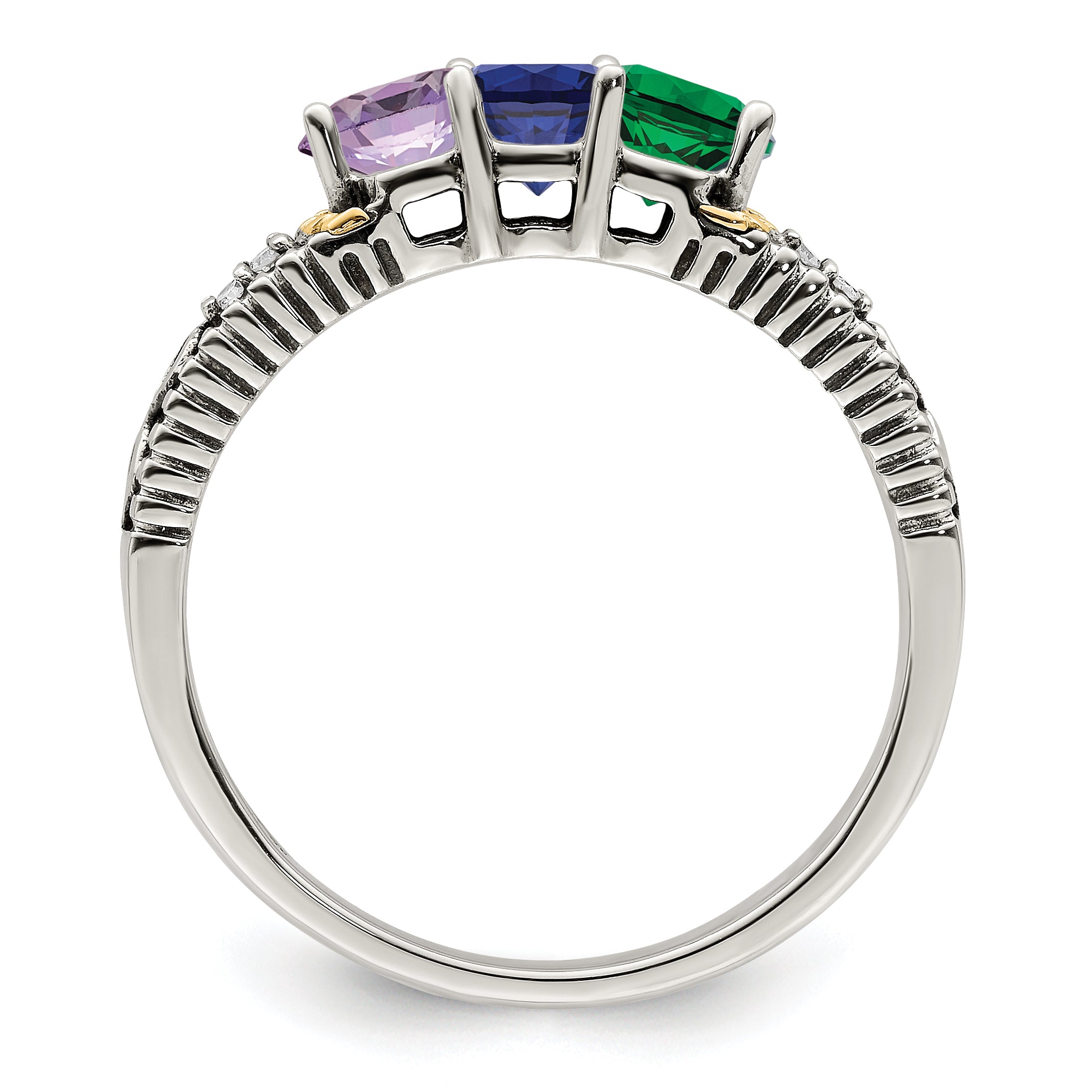 Sterling Silver Antiqued w/14k 3-stone w/Diamond Mother's Ring Semi-Mount