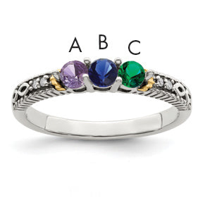Sterling Silver Antiqued w/14k 3-stone w/Diamond Mother's Ring