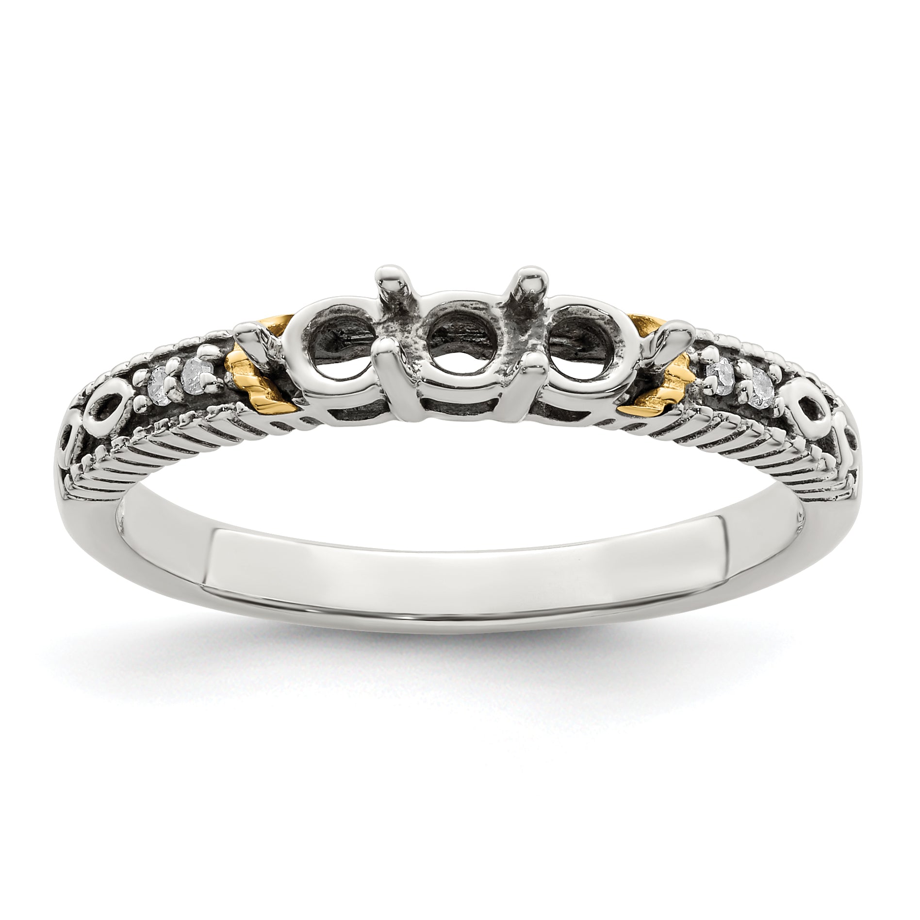 Sterling Silver Antiqued w/14k 3-stone w/Diamond Mother's Ring