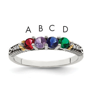 Sterling Silver Antiqued w/14k 4-stone w/Diamond Mother's Ring