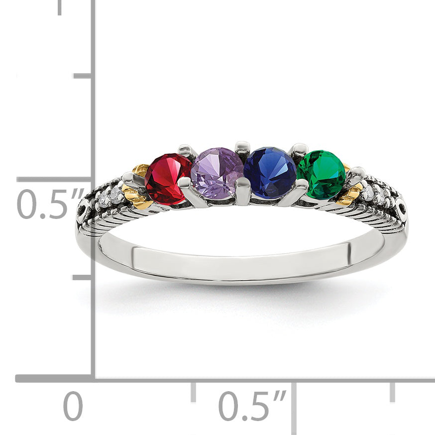 Sterling Silver Antiqued w/14k 4-stone w/Diamond Mother's Ring Semi-Mount