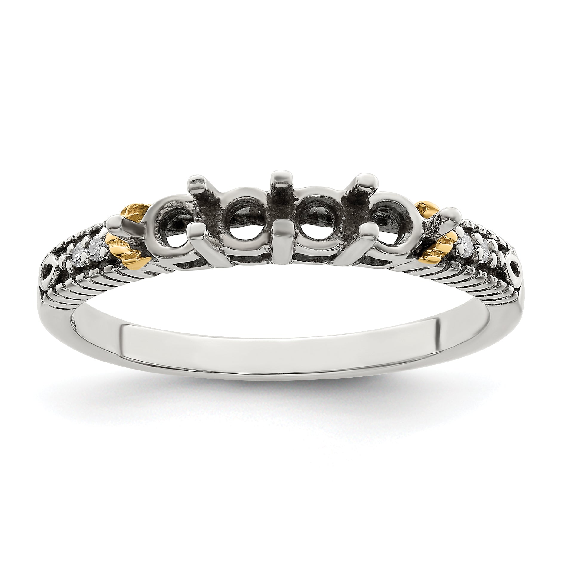 Sterling Silver Antiqued w/14k 4-stone w/Diamond Mother's Ring