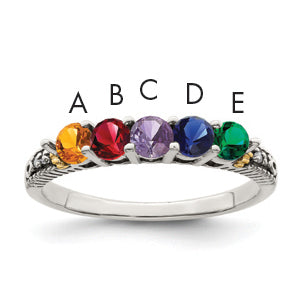 Sterling Silver Antiqued w/14k 5-stone w/Diamond Mother's Ring