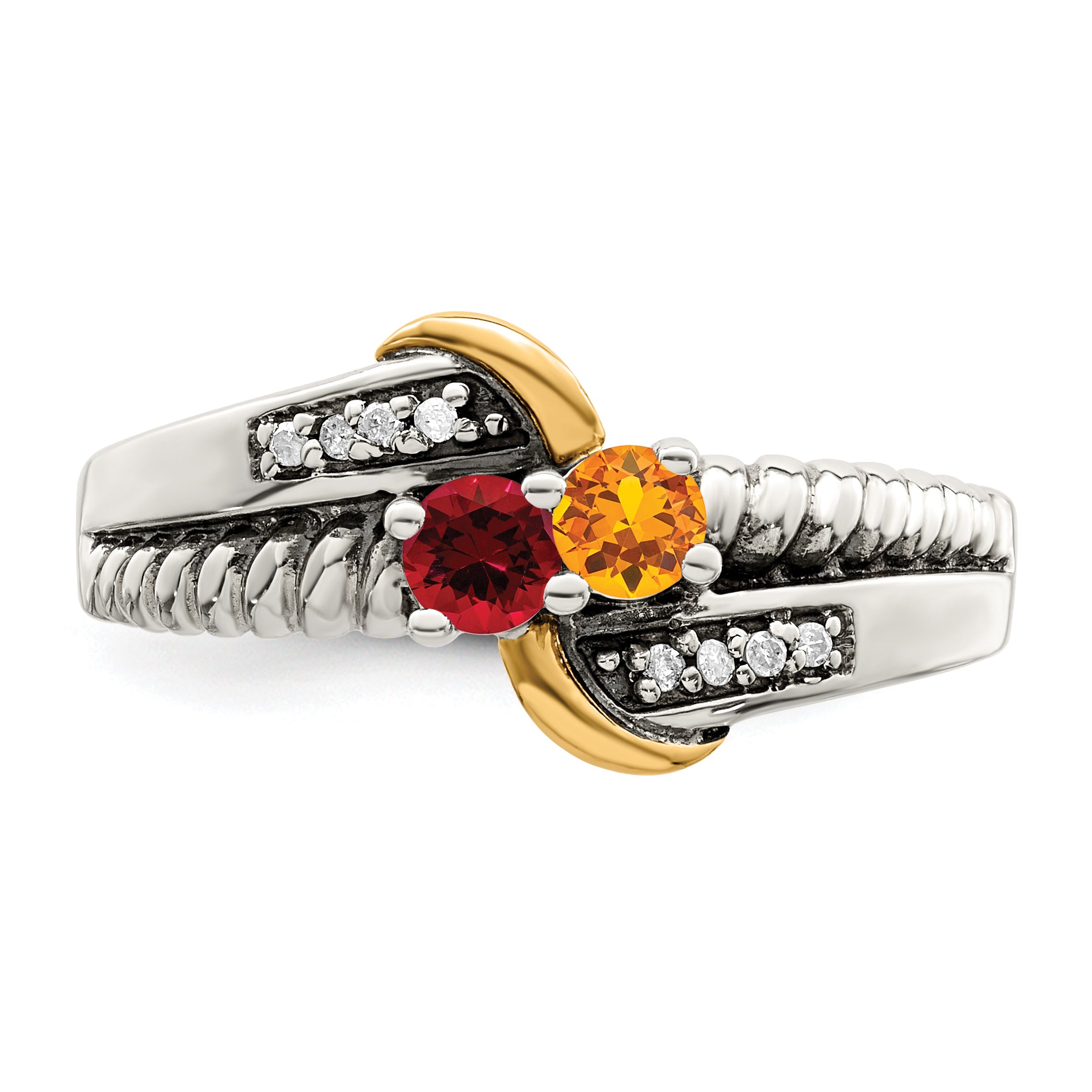 Sterling Silver Antiqued w/14k 2-stone w/Diamond Mother's Ring Semi-Mount