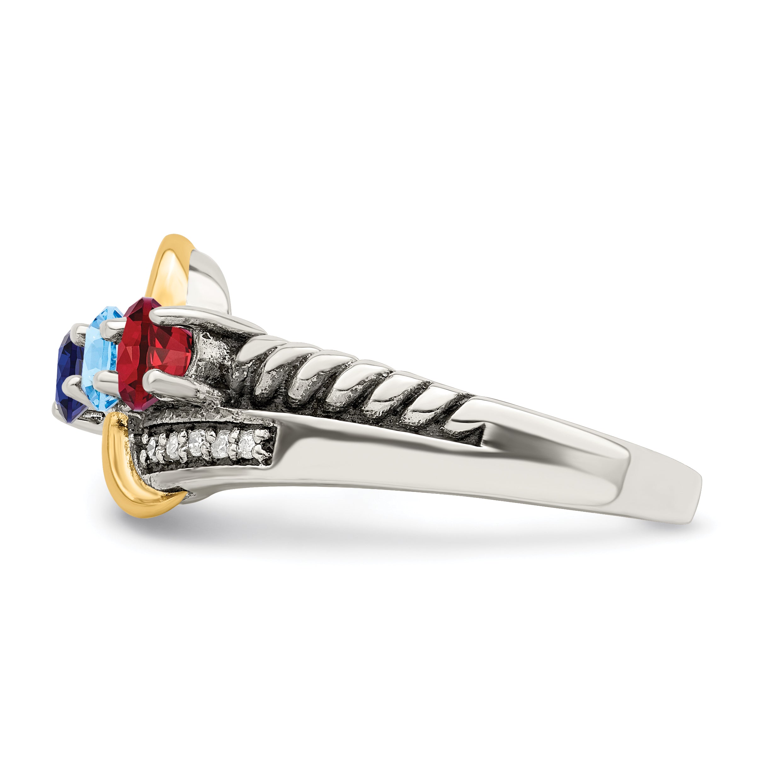 Sterling Silver Antiqued w/14k 3-stone w/Diamond Mother's Ring Semi-Mount