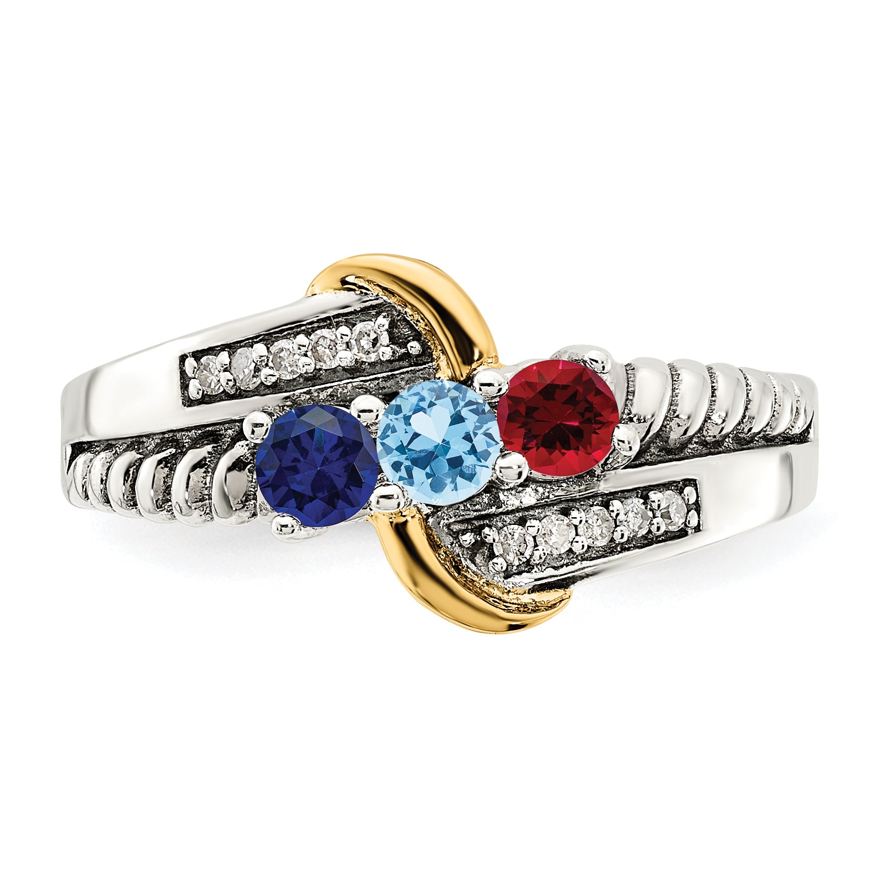 Sterling Silver Antiqued w/14k 3-stone w/Diamond Mother's Ring Semi-Mount